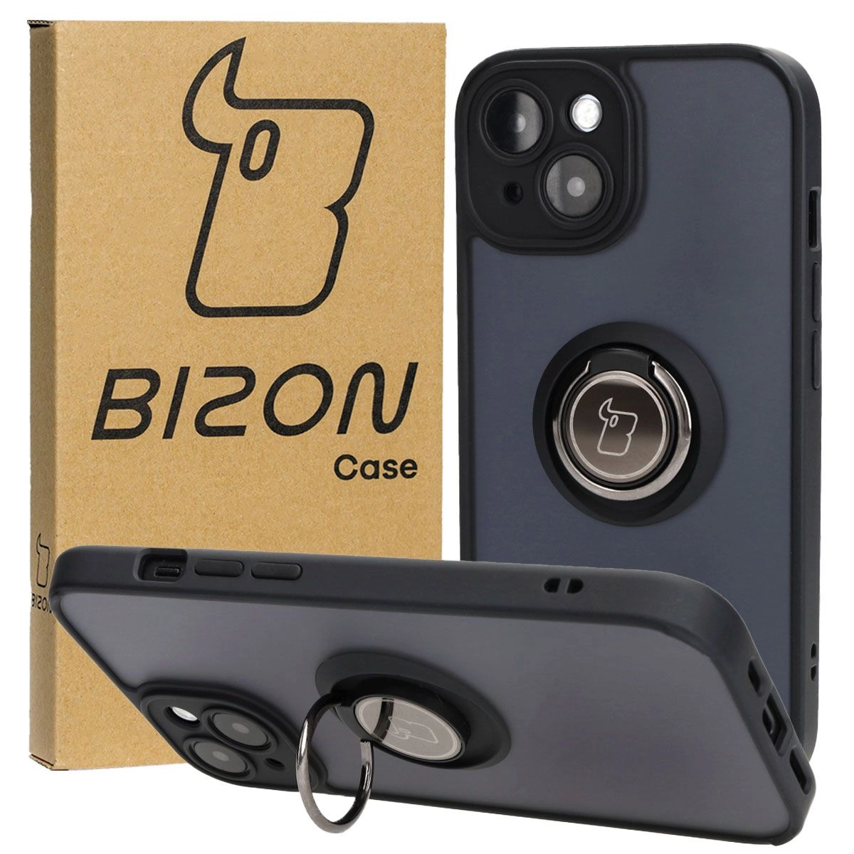 Bizon z uchwytem na palec Hybrid Ring do iPhone 15 Przydymione z czarną ramką