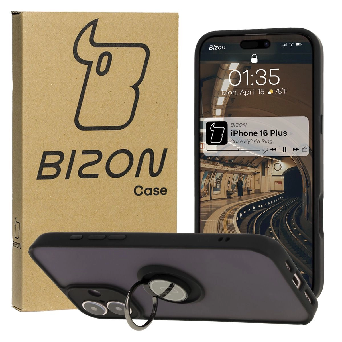 Bizon z uchwytem na palec Hybrid Ring do iPhone 16 Plus Przydymione z czarną ramką