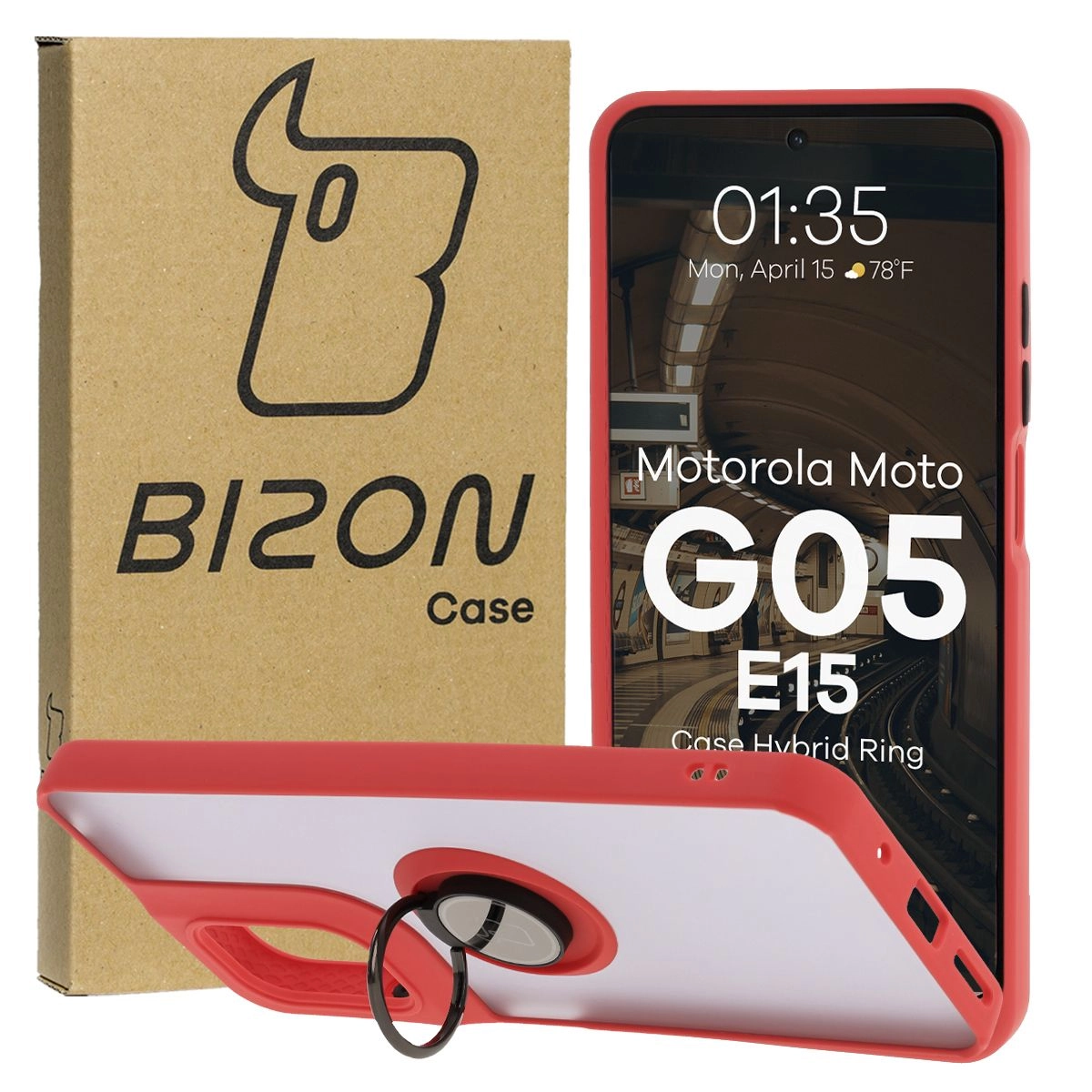 Bizon z uchwytem na palec Hybrid Ring do Motorola Moto G05/E15 przydymione z Czerwoną ramką