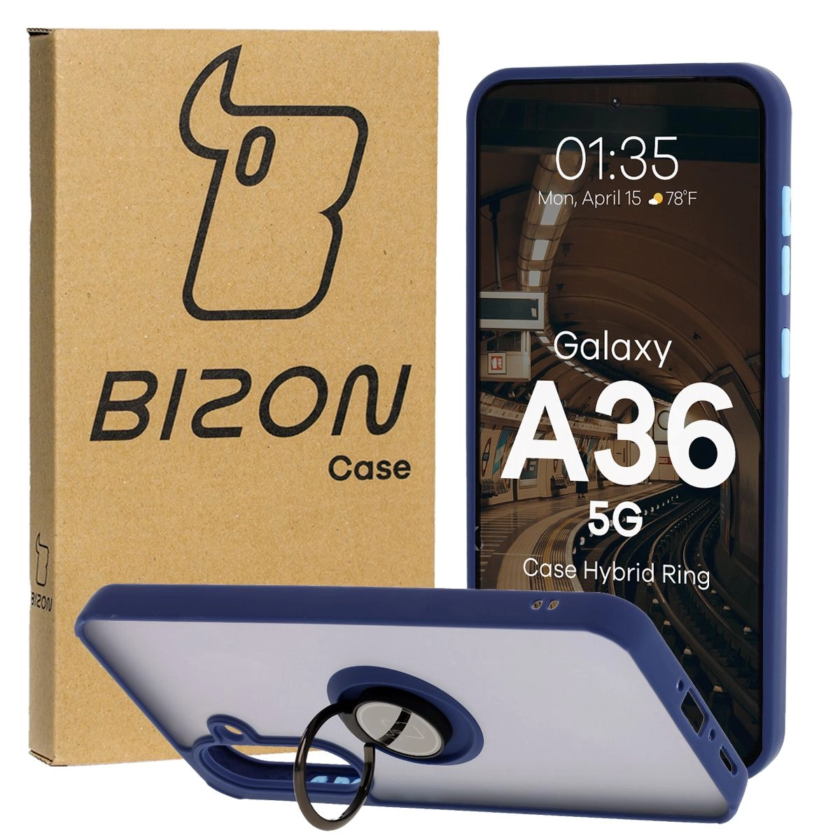 Bizon z uchwytem na palec Hybrid Ring do Galaxy A36 5G przydymione z Granatową ramką