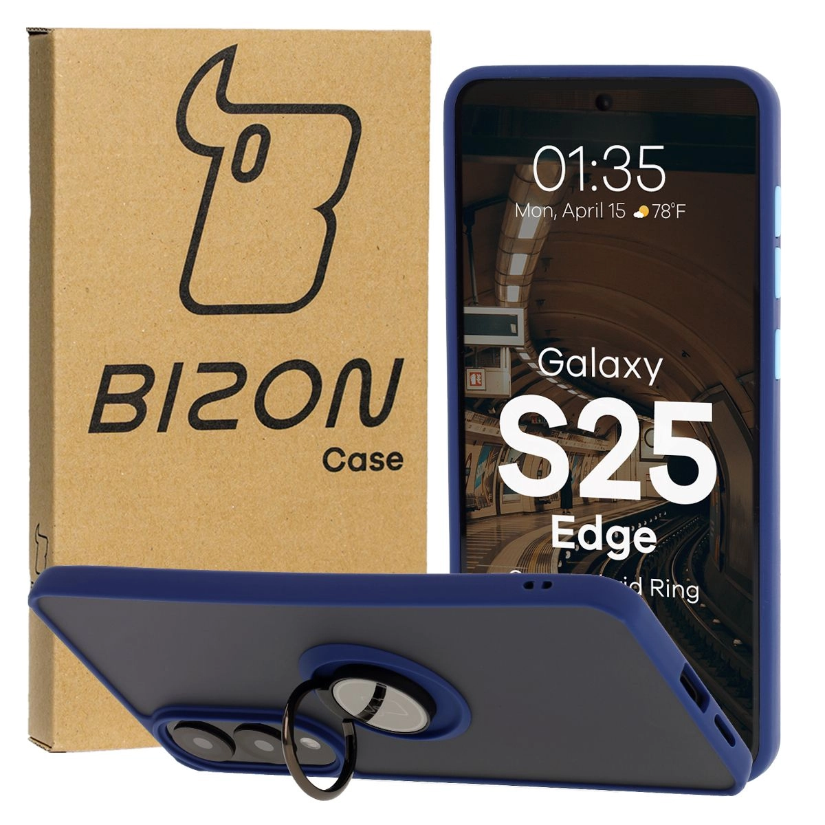 Bizon z uchwytem na palec Hybrid Ring do Galaxy S25 Edge przydymione z Granatową ramką