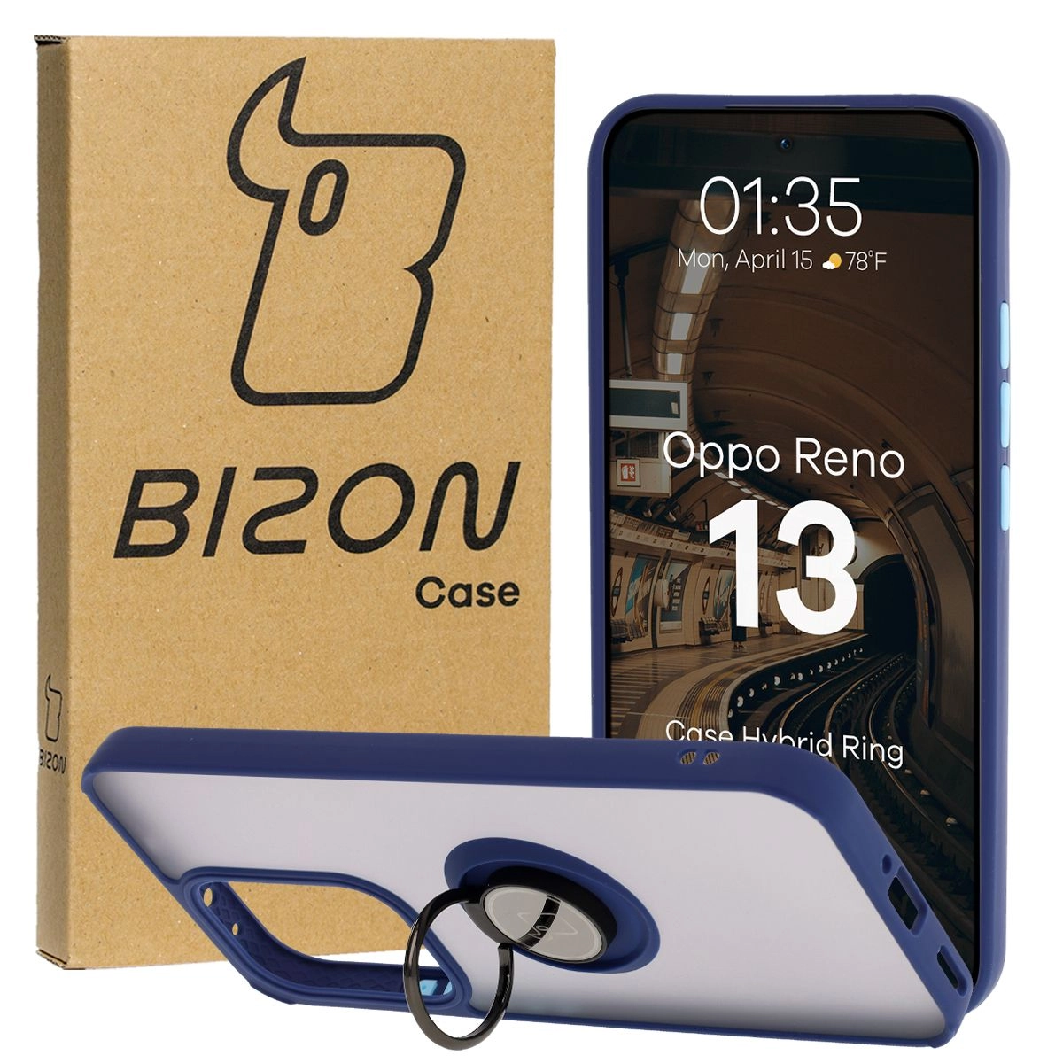 Bizon z uchwytem na palec Hybrid Ring do Oppo Reno13 przydymione z Granatową ramką