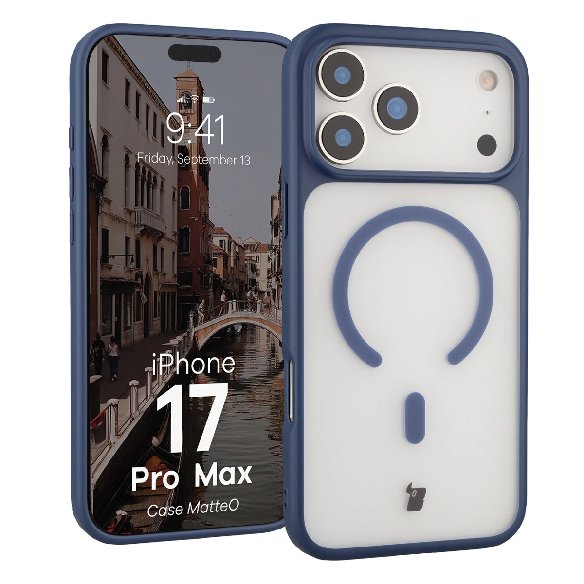 Bizon MatteO z MagSafe do Apple iPhone 17 Pro Max Półprzezroczyste z niebieską ramką