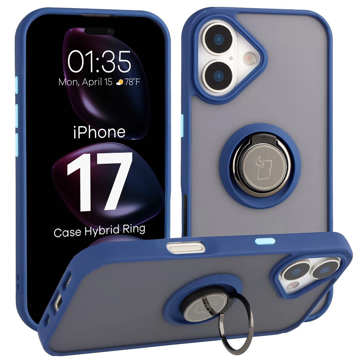 Bizon z uchwytem na palec Hybrid Ring do Apple iPhone 17 Przydymione z granatową ramką