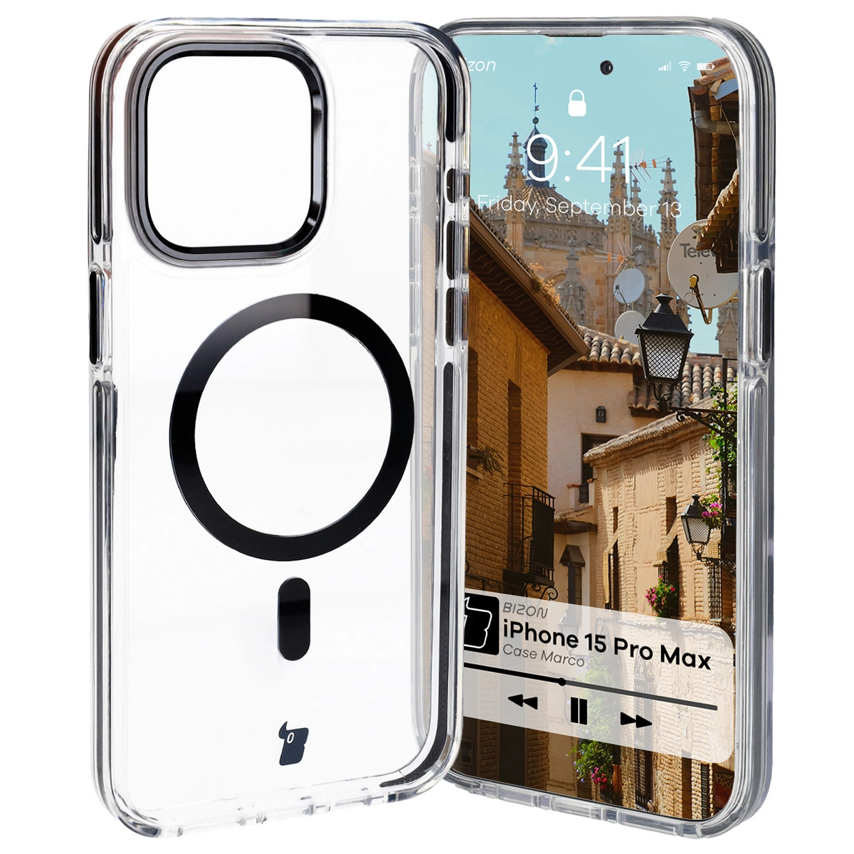 Bizon Marco z MagSafe do iPhone 15 Pro Max Przezroczyste z czarną ramką