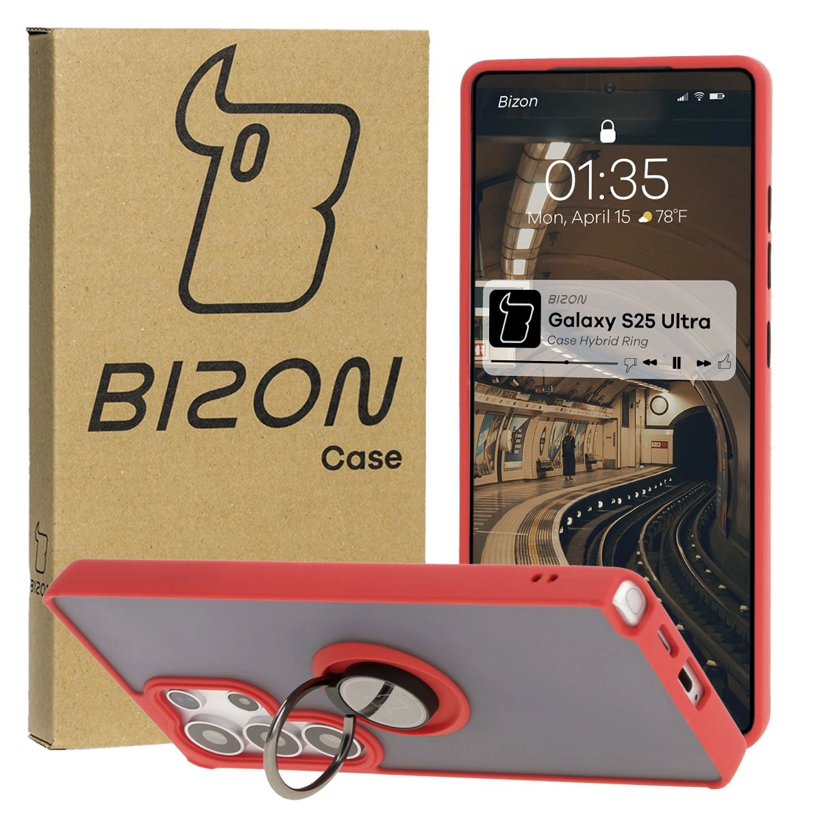 Bizon z uchwytem na palec Hybrid Ring do Galaxy S25 Ultra Przydymione z czerwoną ramką