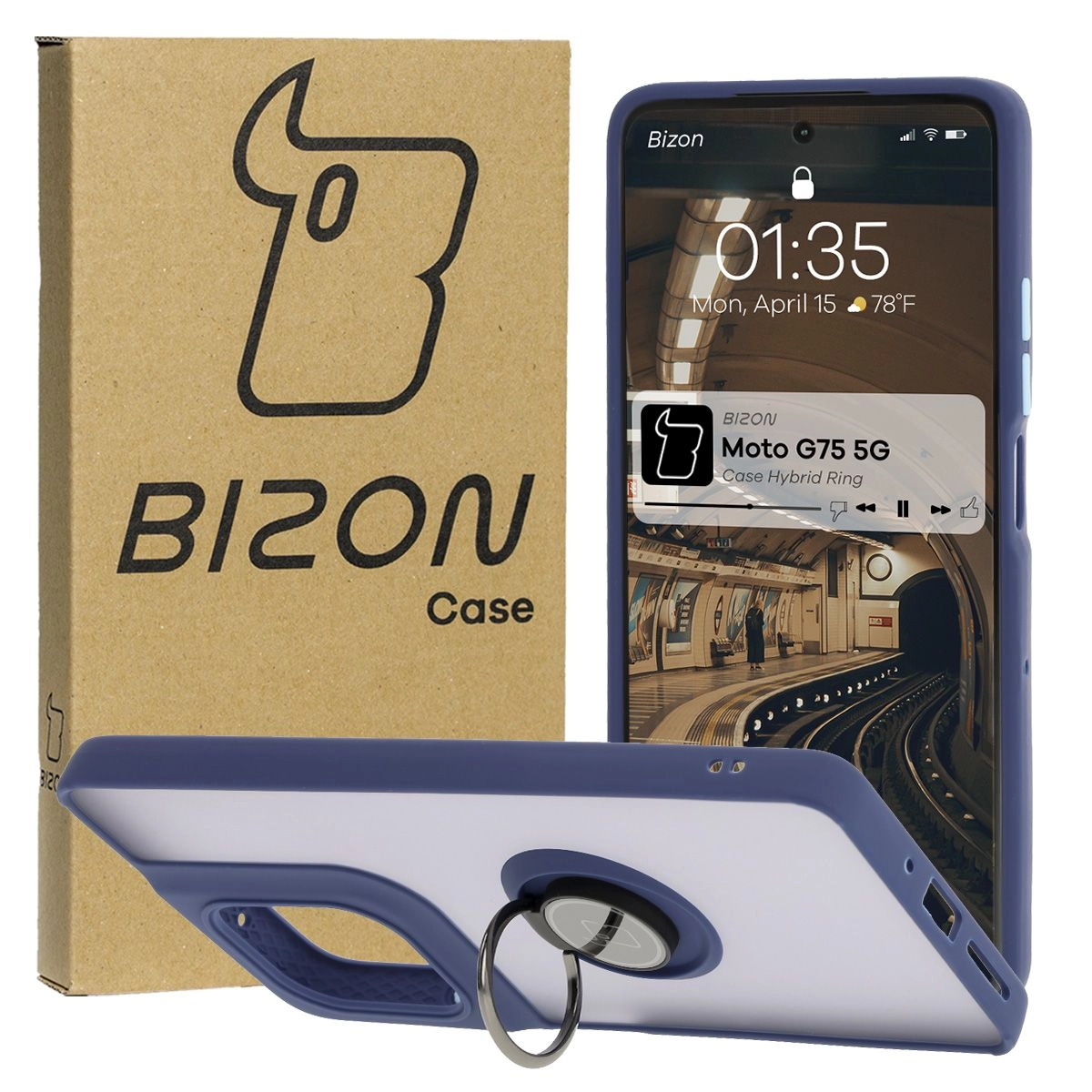 Bizon z uchwytem na palec Hybrid Ring do Motorola Moto G75 5G Przydymione z granatową ramką