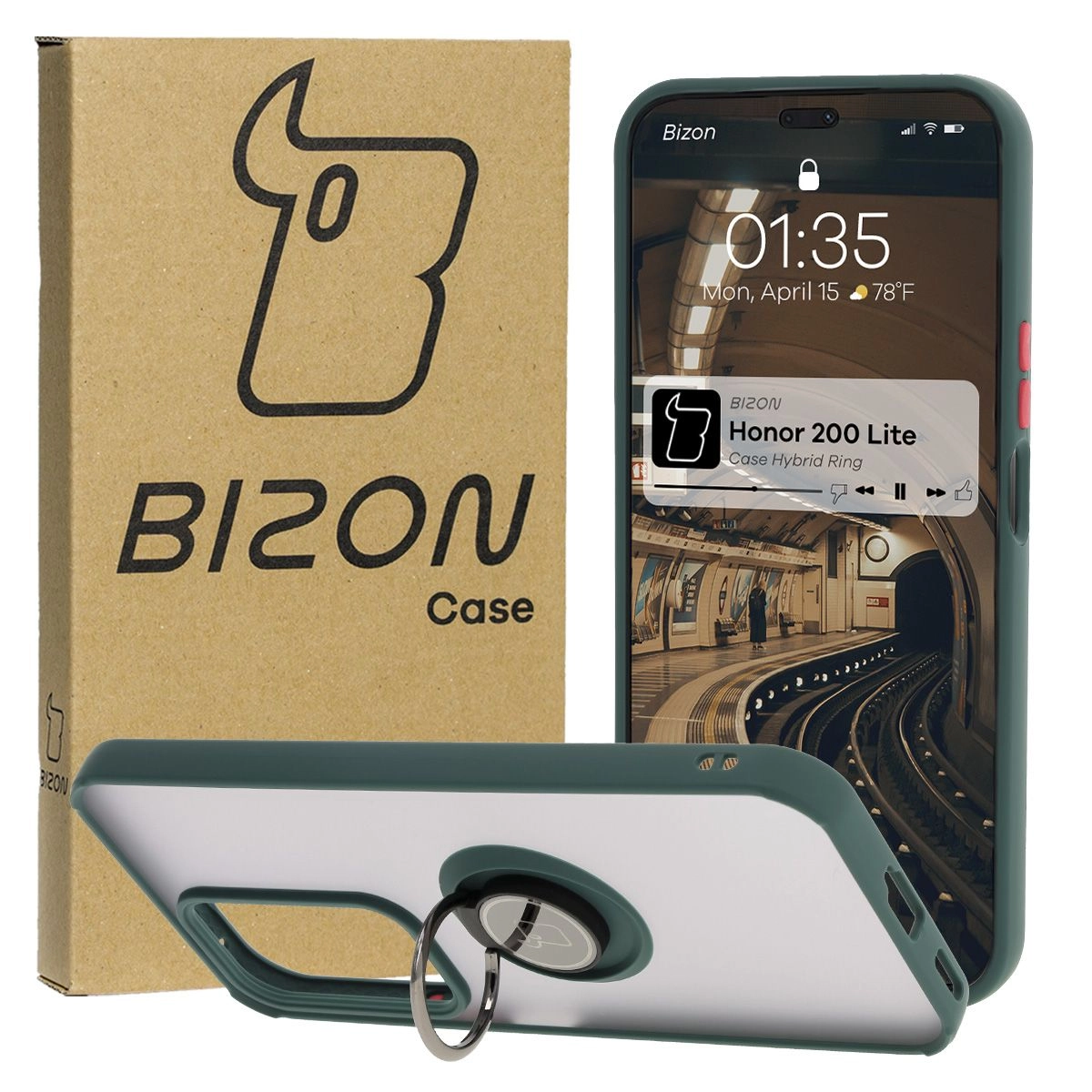 Bizon z uchwytem na palec Hybrid Ring do Honor 200 Lite przydymione z Ciemnozieloną ramką