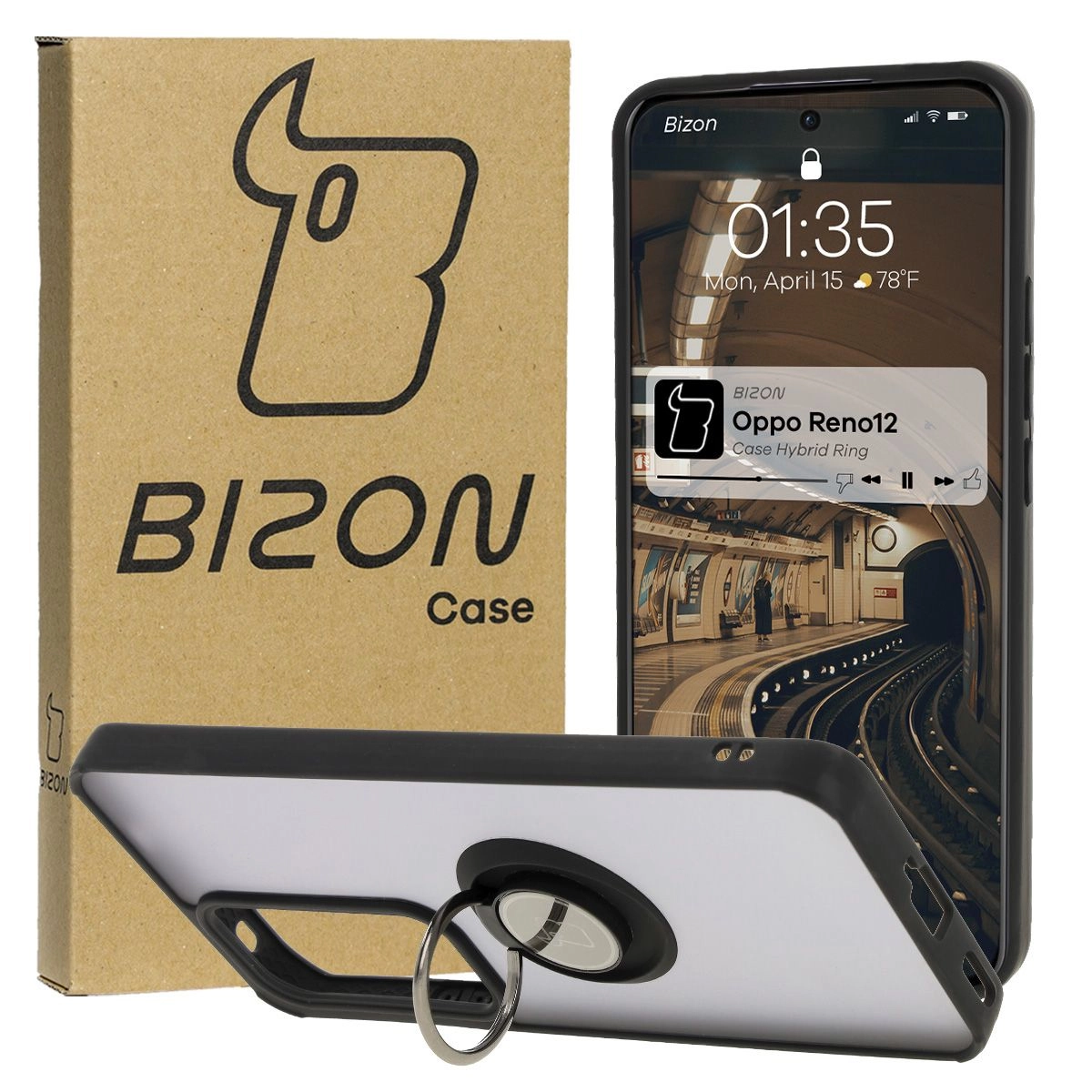 Bizon z uchwytem na palec Hybrid Ring do Oppo Reno 12 przydymione z Czarną ramką