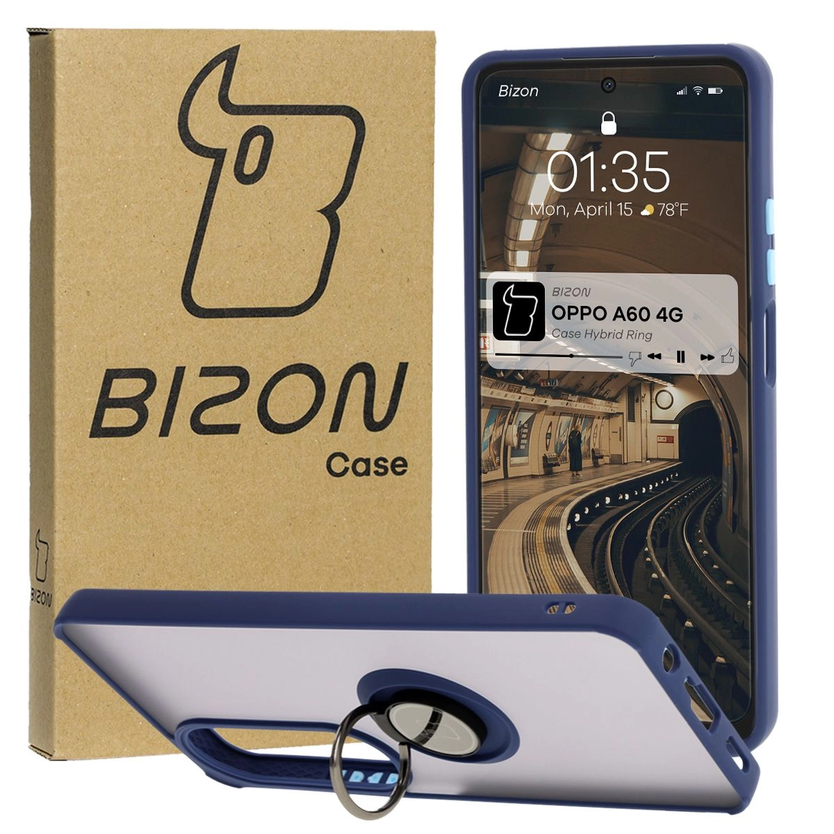 Bizon z uchwytem na palec Hybrid Ring do Oppo A60 4G przydymione z Granatową ramką