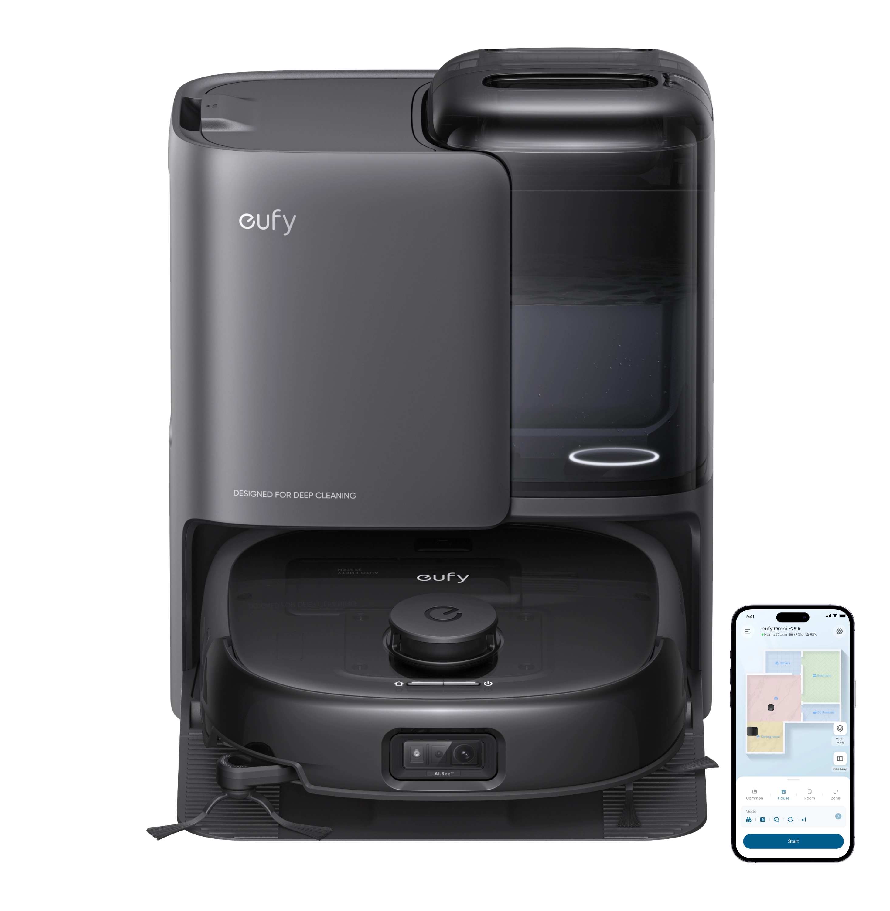 Eufy Omni E25 Funkcja mopowania Stacja oczyszczająca Tworzenie mapy pomieszczenia 57dB Czarny