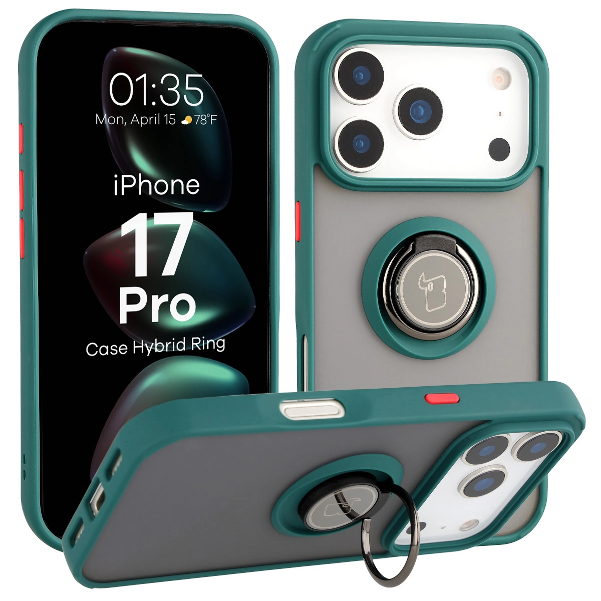Bizon z uchwytem na palec Hybrid Ring do Apple iPhone 17 Pro Przydymione z zieloną ramką