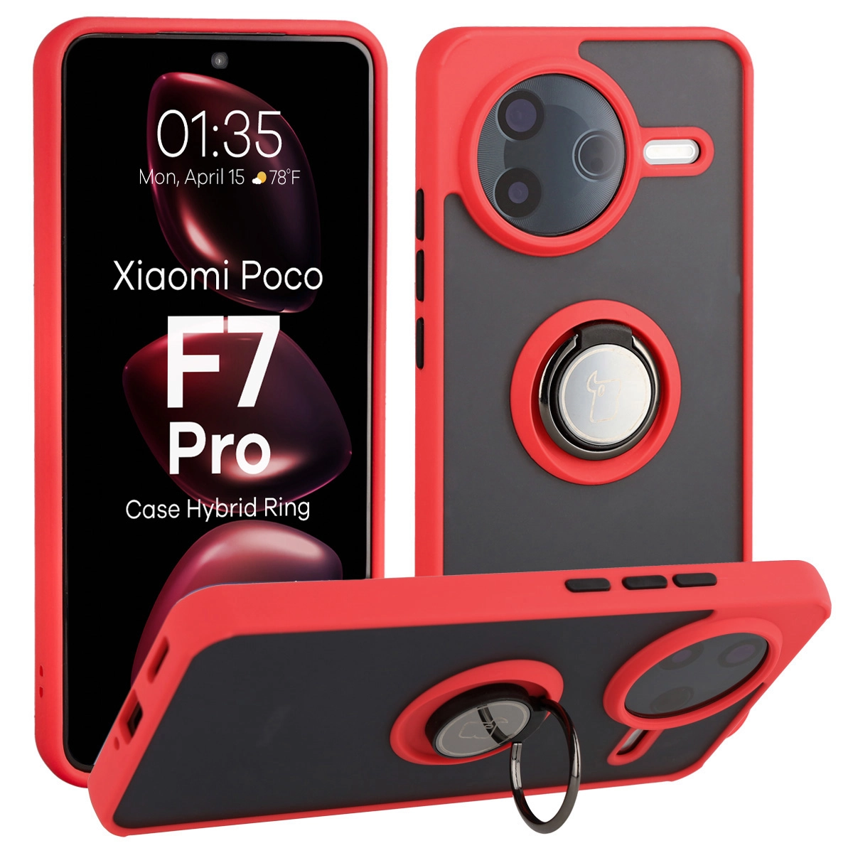 Bizon z uchwytem na palec Hybrid Ring do Xiaomi POCO F7 Pro Przydymione z czerwoną ramką