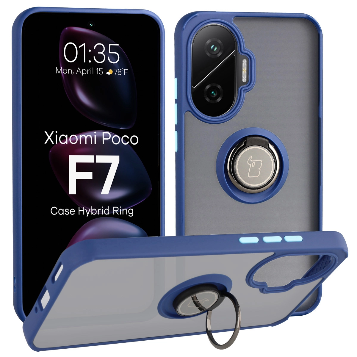 Bizon z uchwytem na palec Hybrid Ring do Xiaomi POCO F7 Przydymione z niebieską ramką