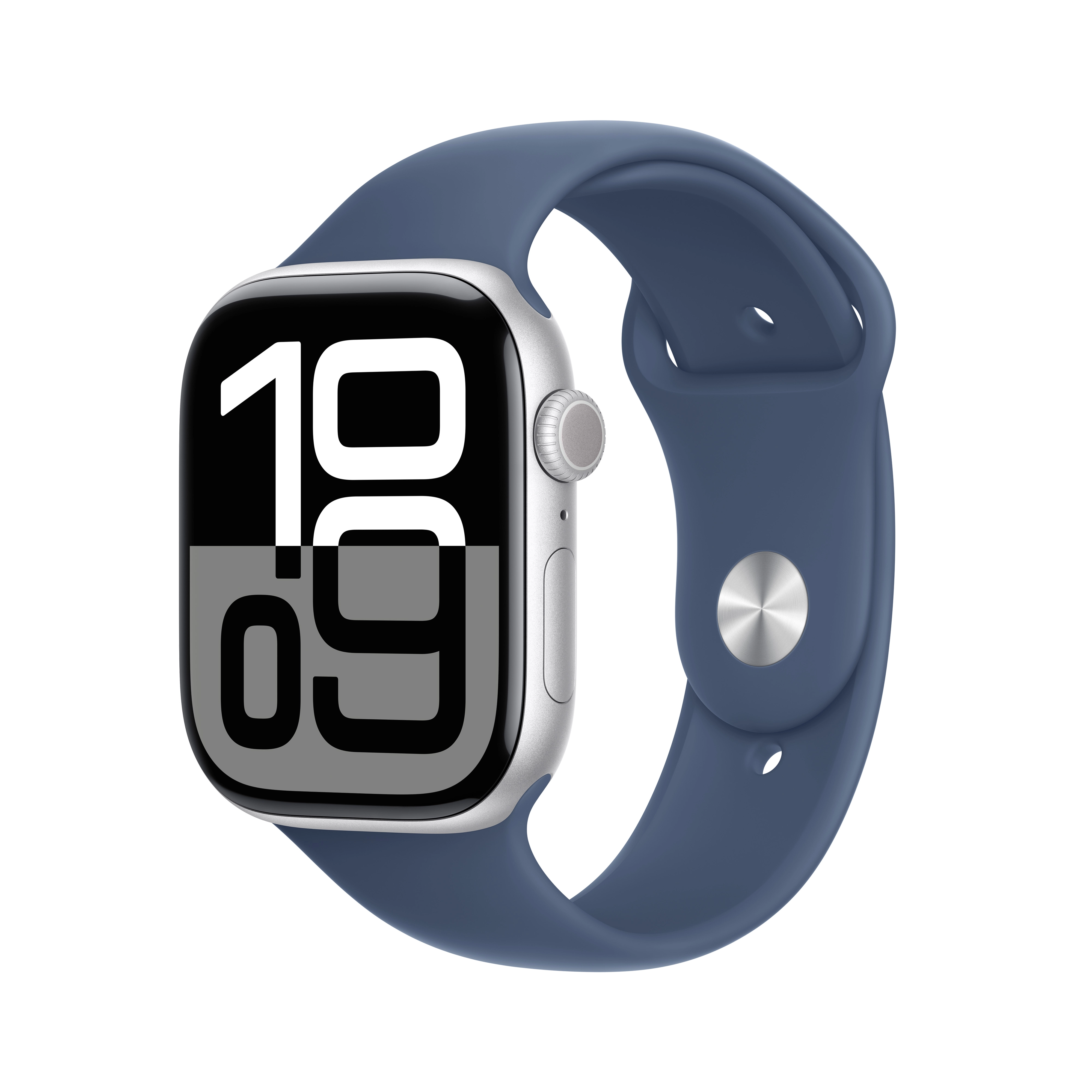 Apple Watch Series 10 GPS AI 46mm z aluminium srebrny pasek sportowy denim S/M