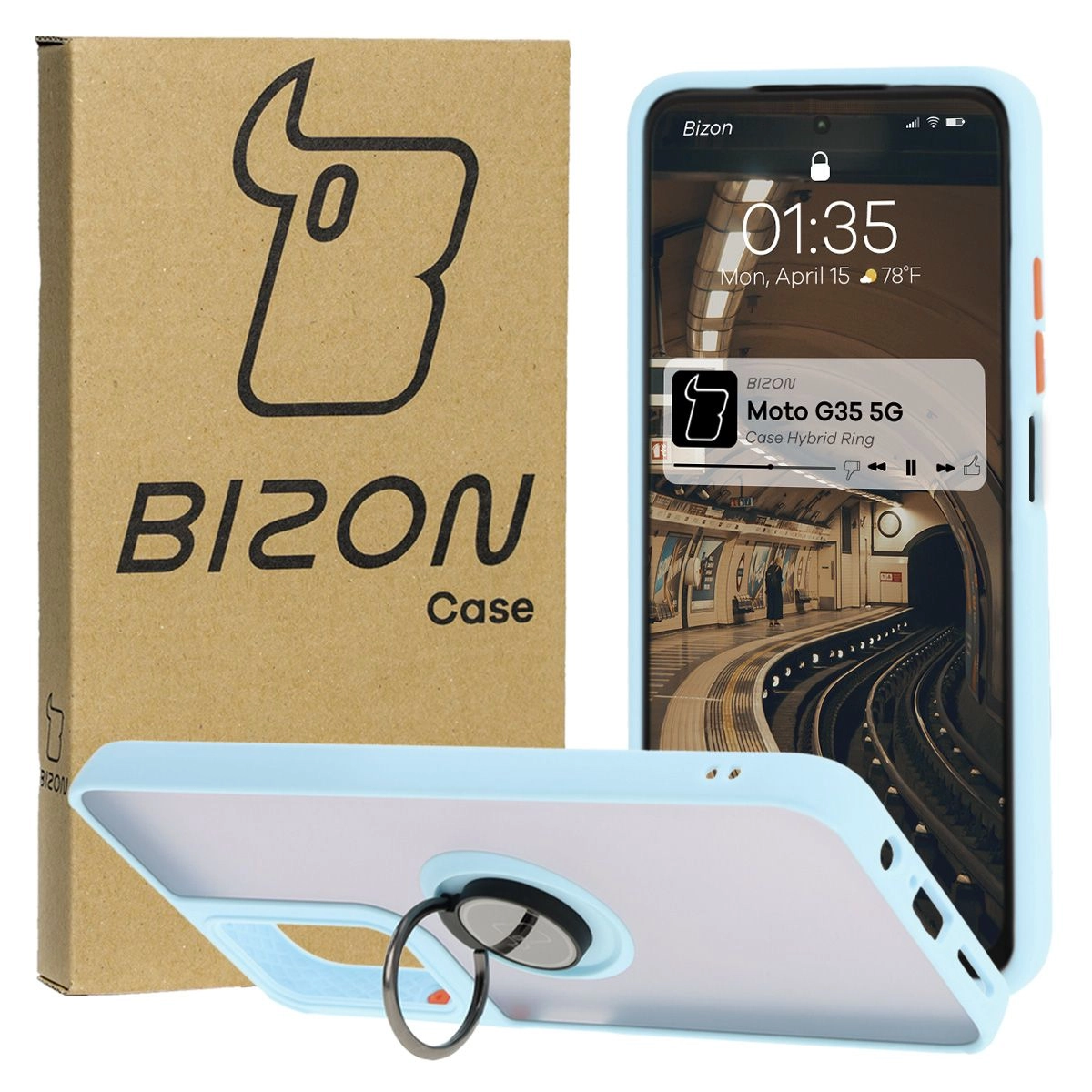 Bizon z uchwytem na palec Hybrid Ring do Motorola Moto G35 5G Przydymione z jasnoniebieską ramką