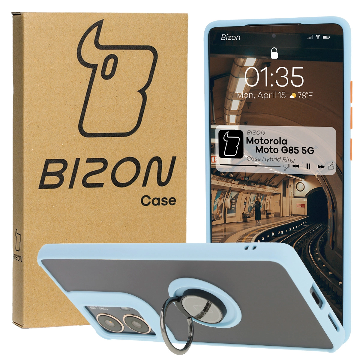 Bizon z uchwytem na palec Hybrid Ring do Motorola Moto G85 5G Przydymione z jasnoniebieską ramką