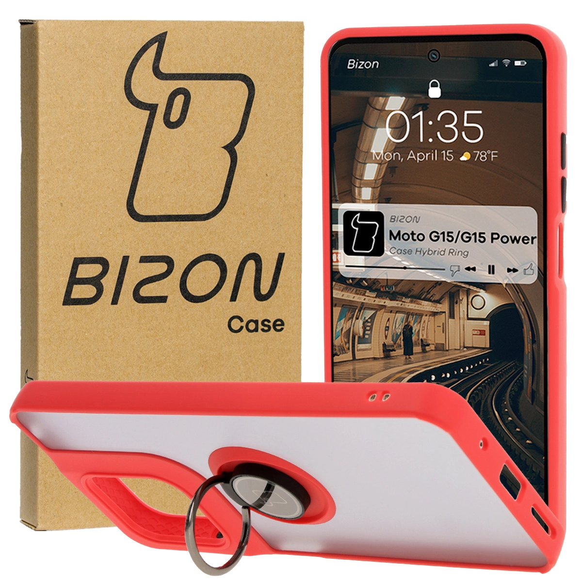 Bizon z uchwytem na palec Hybrid Ring do Motorola Moto G15 / G15 Power Przydymione z czerwoną ramką