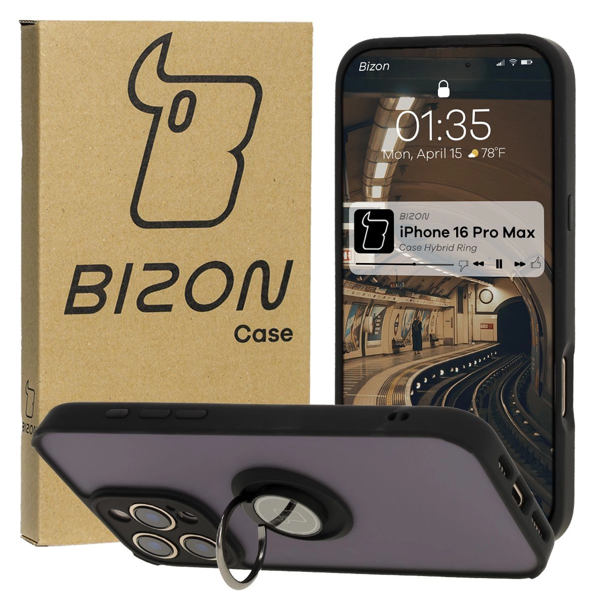 Bizon z uchwytem na palec Hybrid Ring do iPhone 16 Pro Max Przydymione z czarną ramką