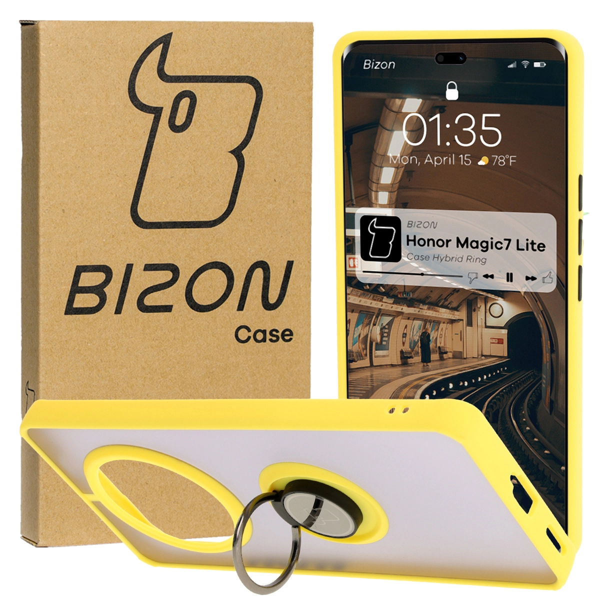 Bizon z uchwytem na palec Hybrid Ring do Honor Magic7 Lite Przydymione z żółtą ramką