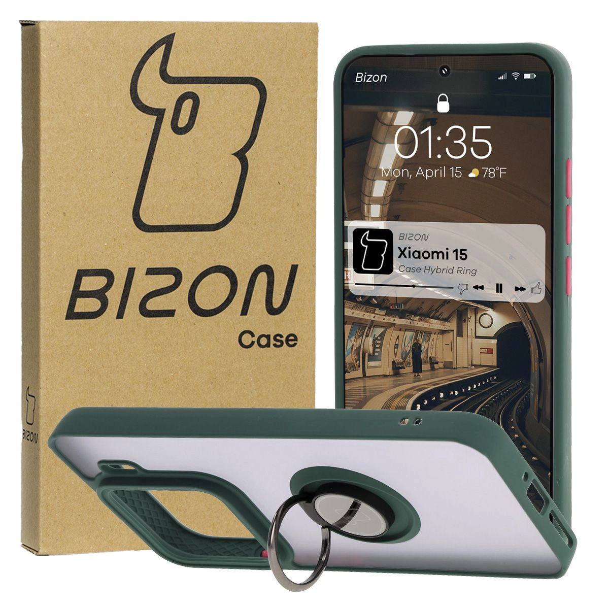 Bizon z uchwytem na palec Hybrid Ring do Xiaomi 15 Przydymione z ciemnozieloną ramką