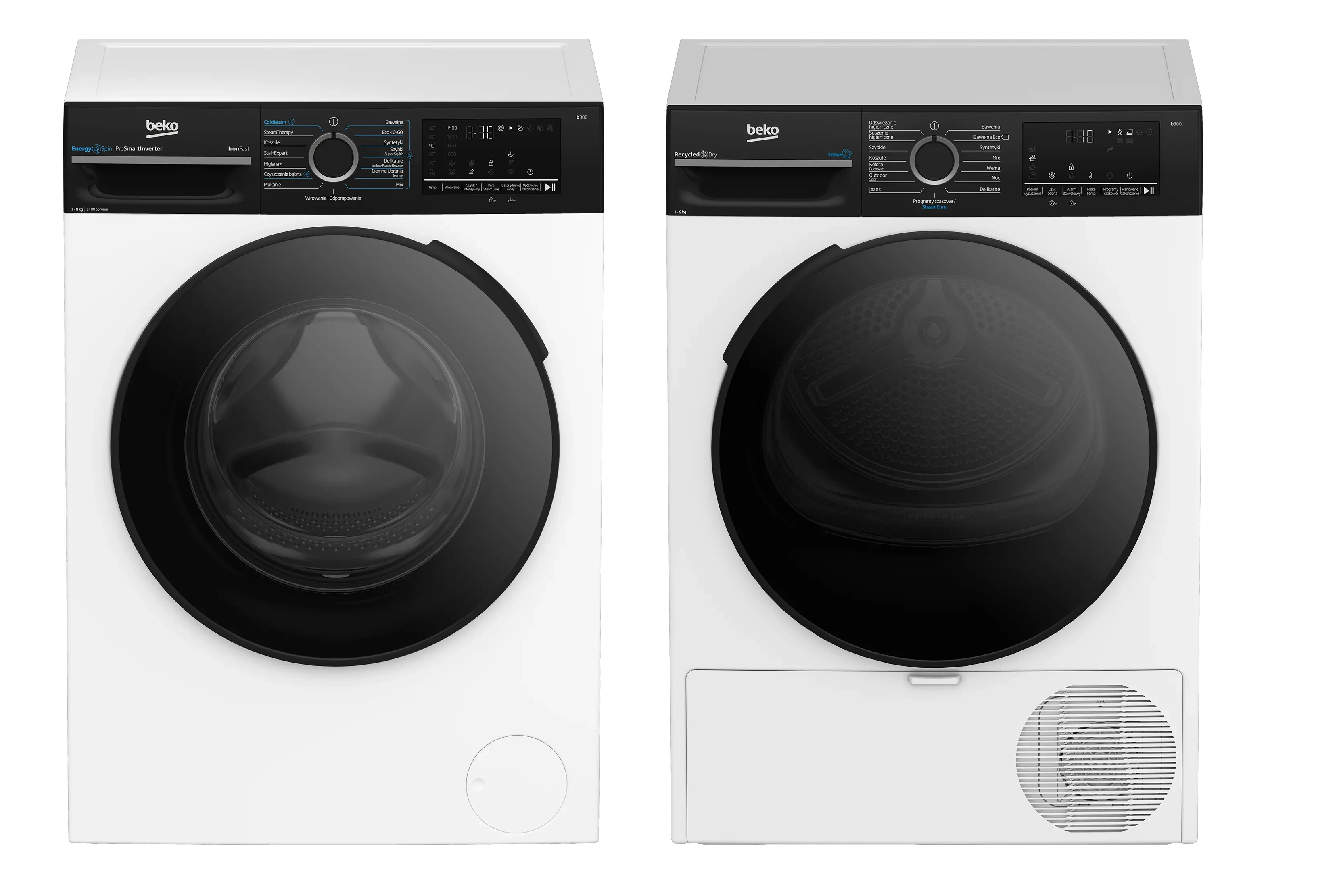 Beko pralka b300 BM3WFU49415WBDC EnergySpin 9kg 1400obr/min + suszarka b300 BM3T49249WBDC 58,6cm 9kg