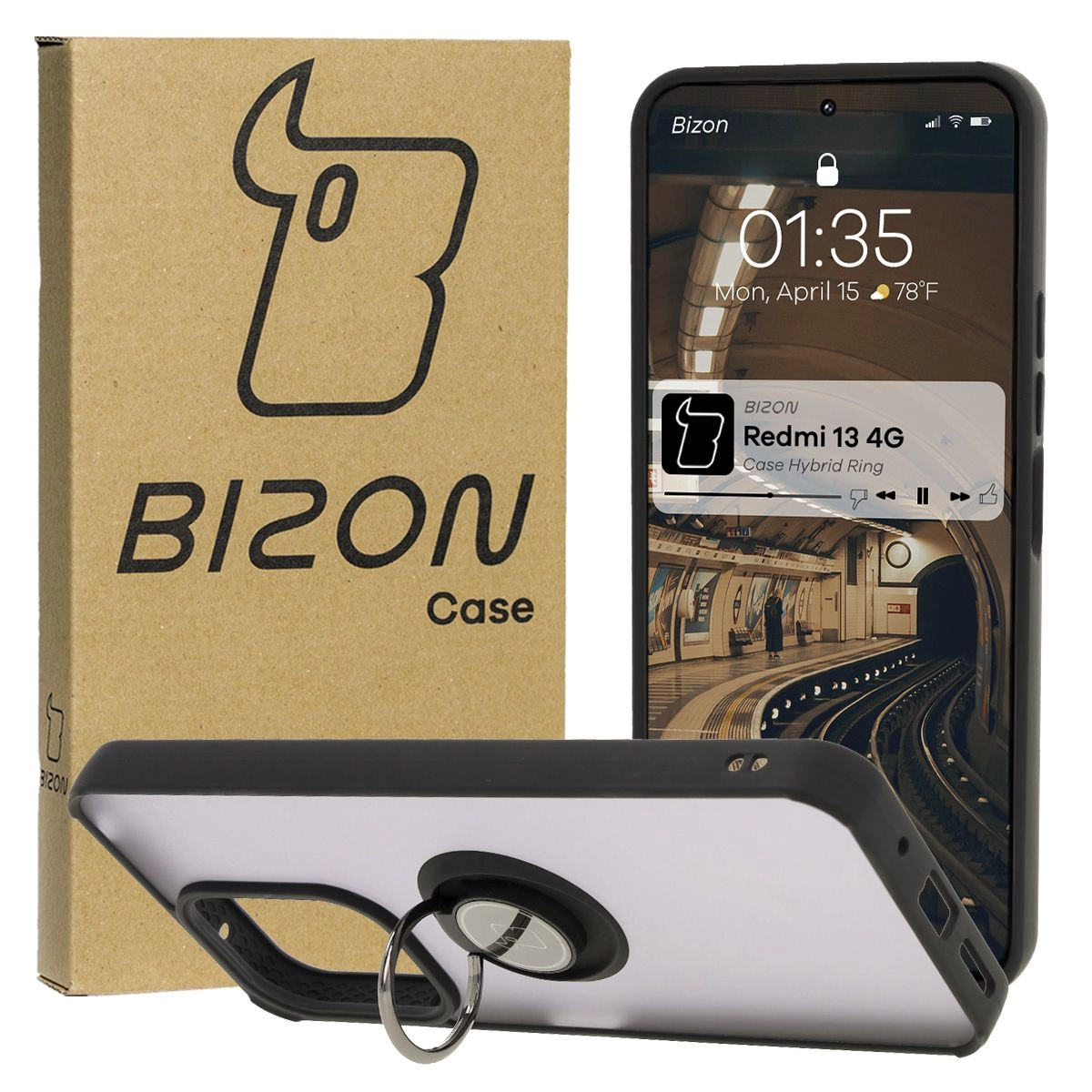 Bizon z uchwytem na palec Hybrid Ring do Xiaomi Redmi 13 4G przydymione z Czarną ramką