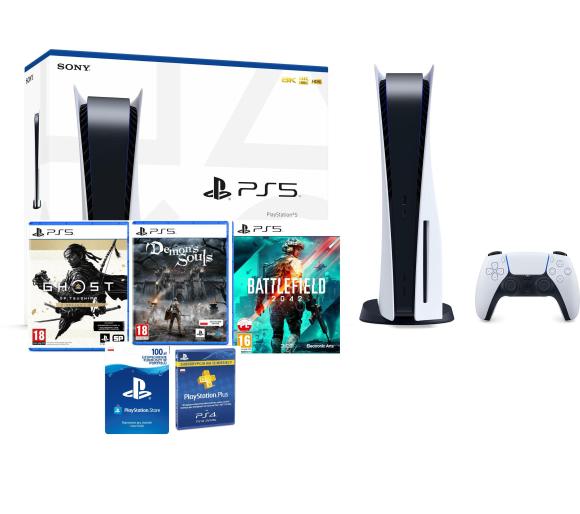 konsola PS5 Sony PlayStation 5 (PS5) + Ghost of Tsushima DC + Demon's Souls Remake + PS Network 100 zł + PS Plus + Battlefield 2042