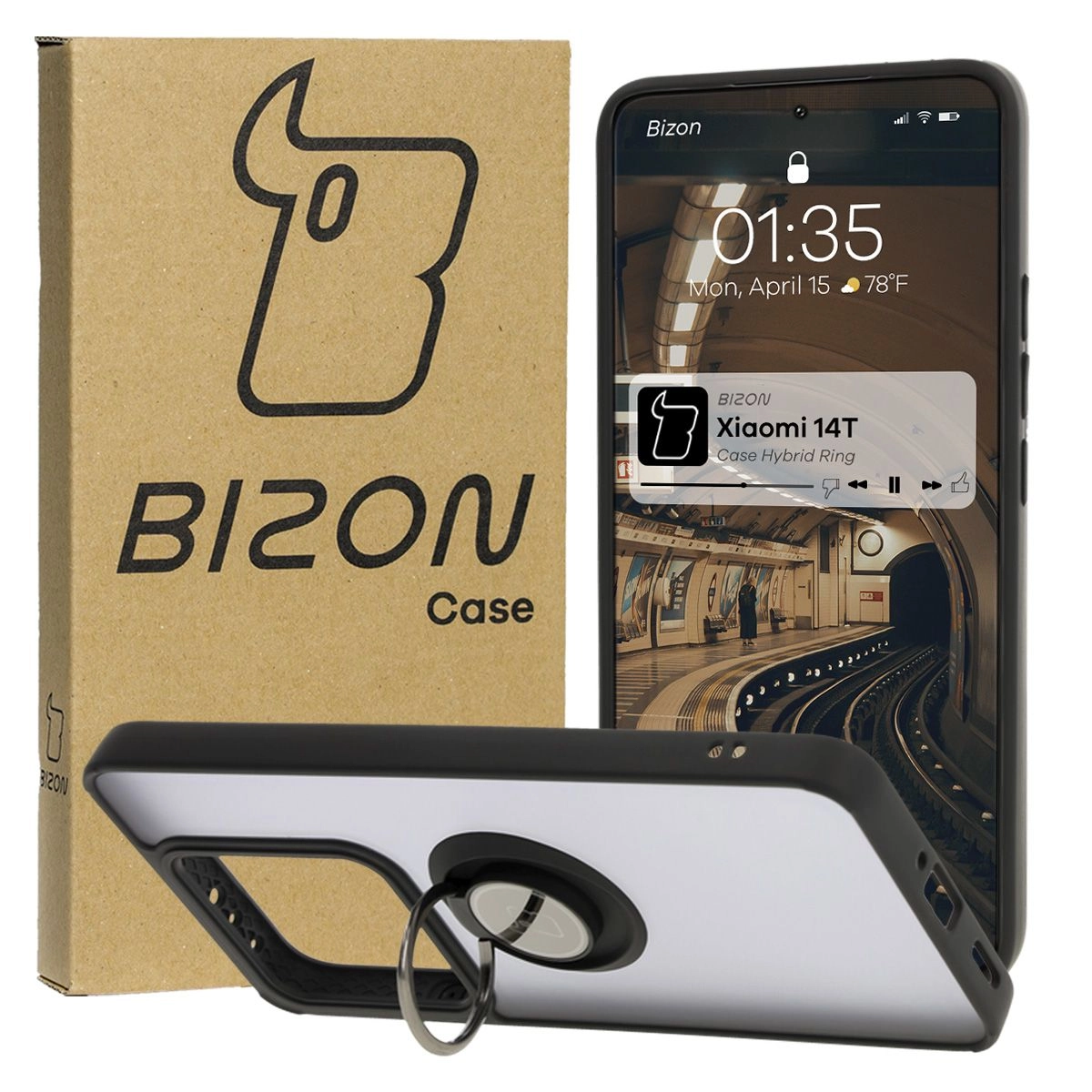 Bizon z uchwytem na palec Hybrid Ring do Xiaomi 14T Przydymione z czarną ramką