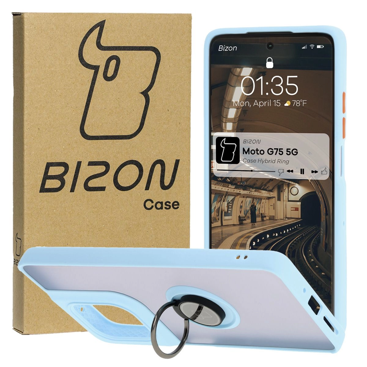 Bizon z uchwytem na palec Hybrid Ring do Motorola Moto G75 5G Przydymione z jasnoniebieską ramką