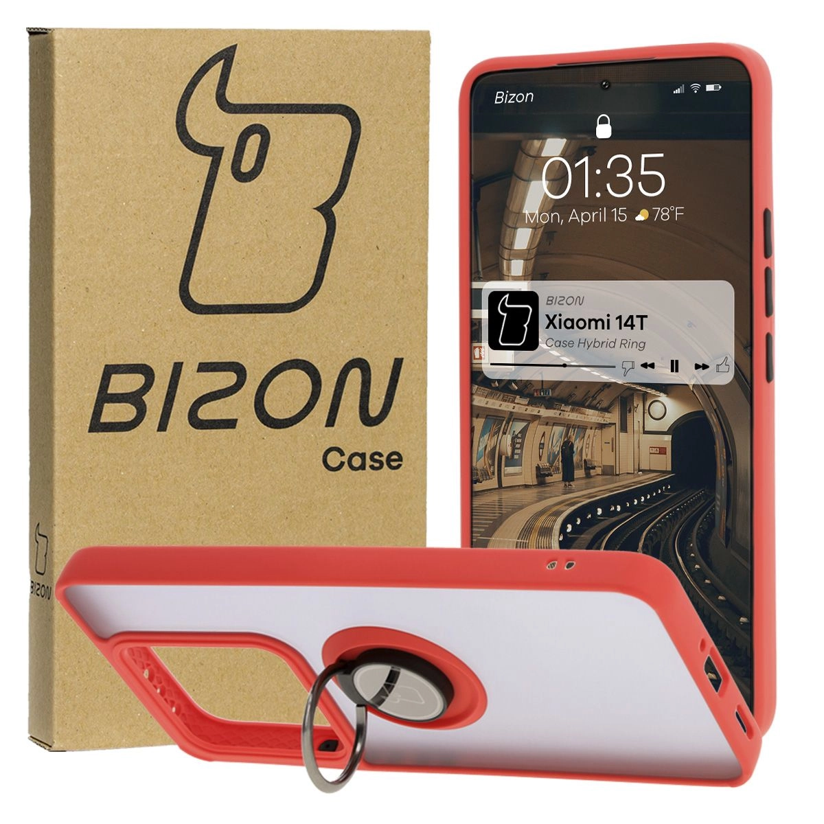 Bizon z uchwytem na palec Hybrid Ring do Xiaomi 14T przydymione z Czerwoną ramką