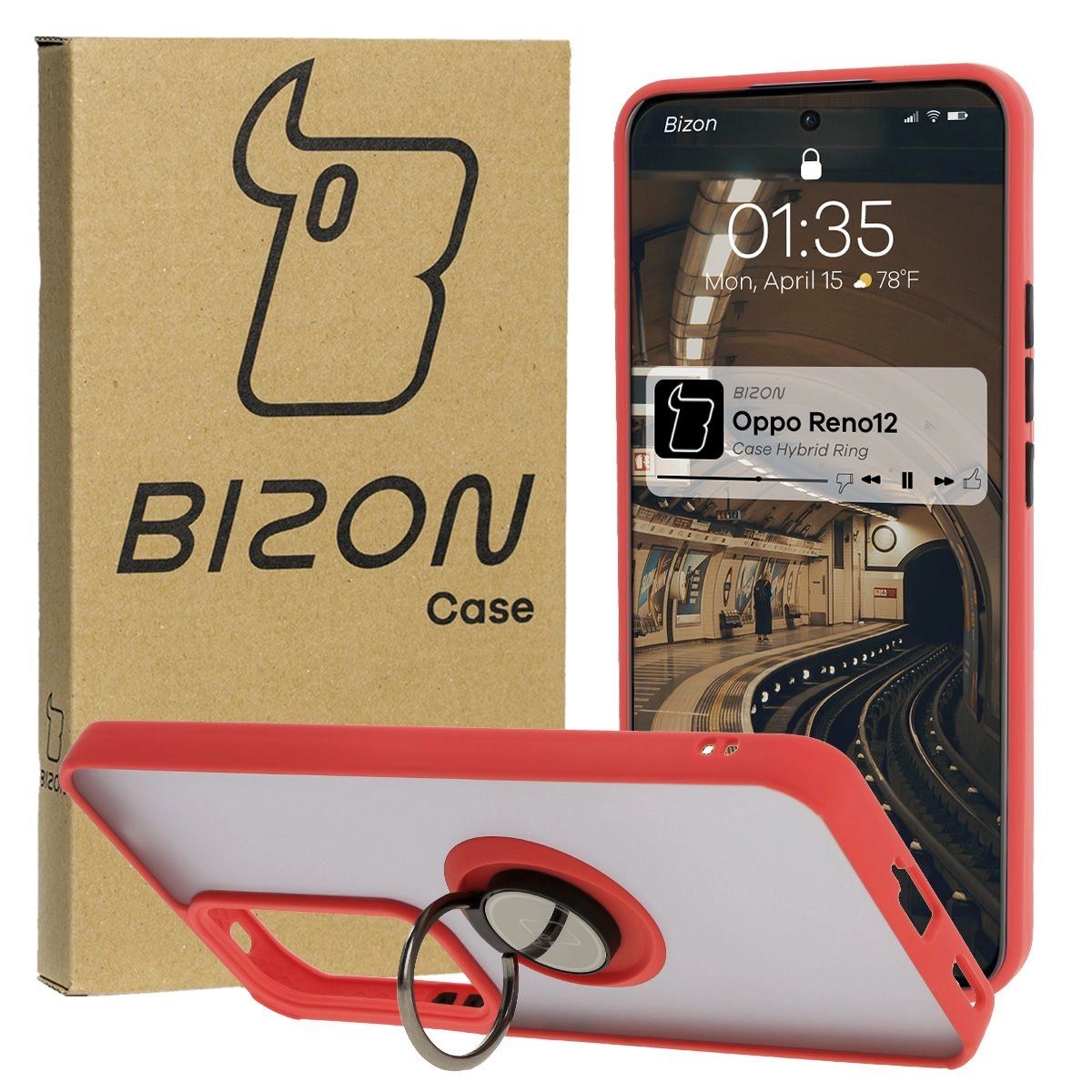 Bizon z uchwytem na palec Hybrid Ring do Oppo Reno 12 przydymione z Czerwoną ramką