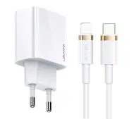 USAMS 1x USB-C T34 20W 5V-3A PD3.0 + kabel U63 USB-C do lightning 20W Biały