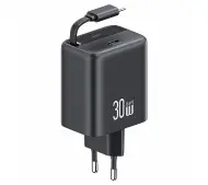 USAMS 1xUSB-C Retractable PD+QC 30W Gan Fast Charging Czarny