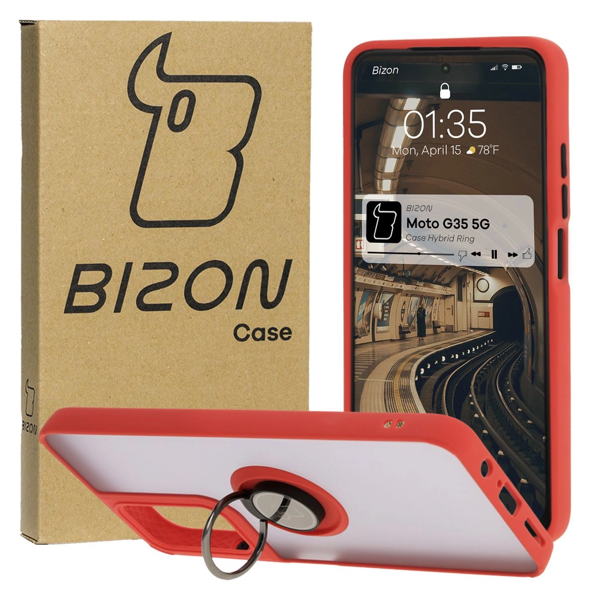 Bizon z uchwytem na palec Hybrid Ring do Motorola Moto G35 5G Przydymione z czerwoną ramką