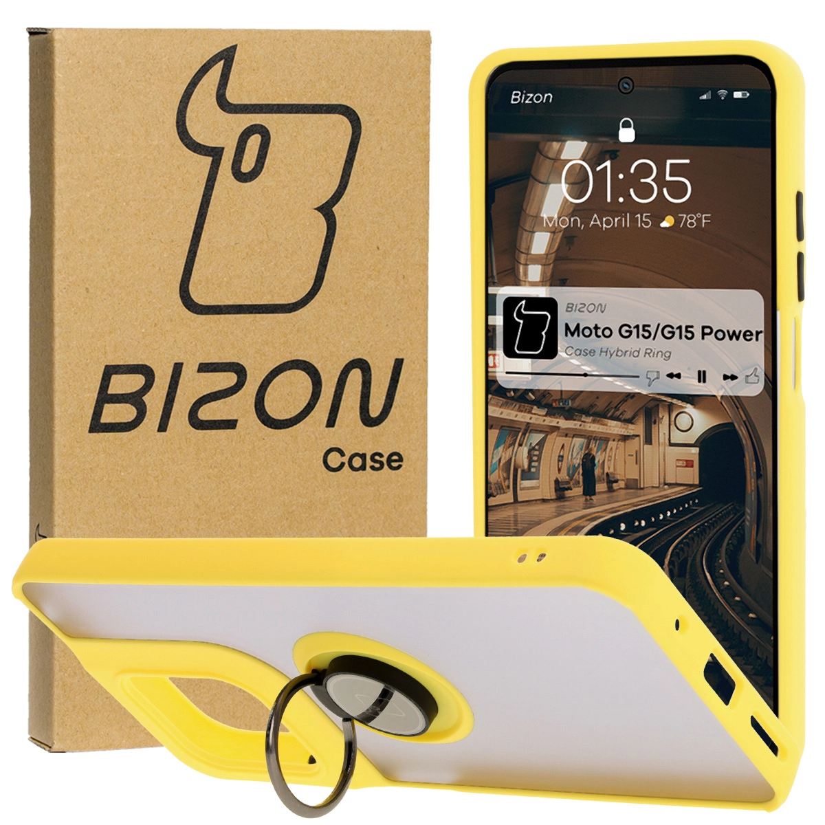 Bizon z uchwytem na palec Hybrid Ring do Motorola Moto G15 / G15 Power Przydymione z żółtą ramką