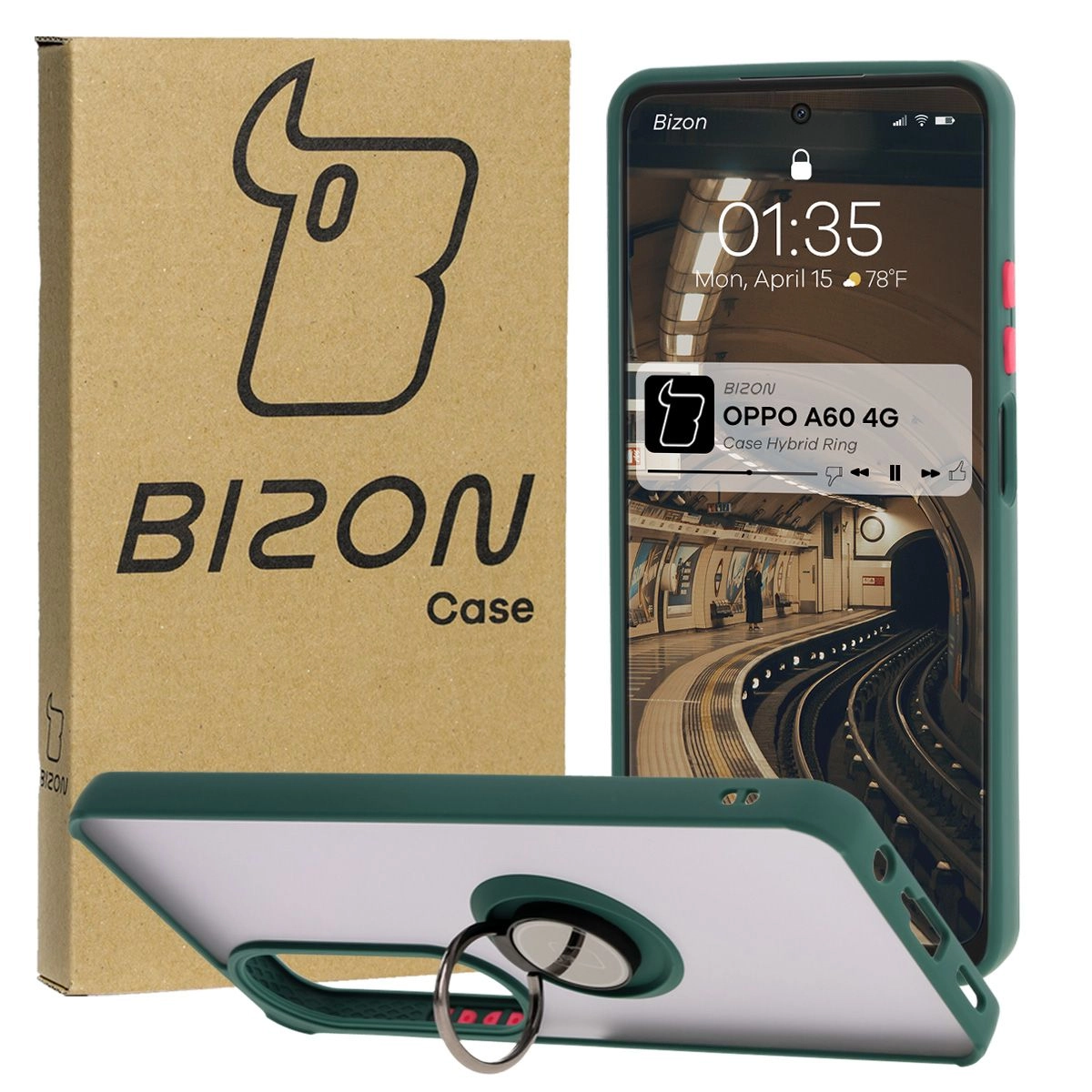 Bizon z uchwytem na palec Hybrid Ring do Oppo A60 4G przydymione z Ciemnozieloną ramką