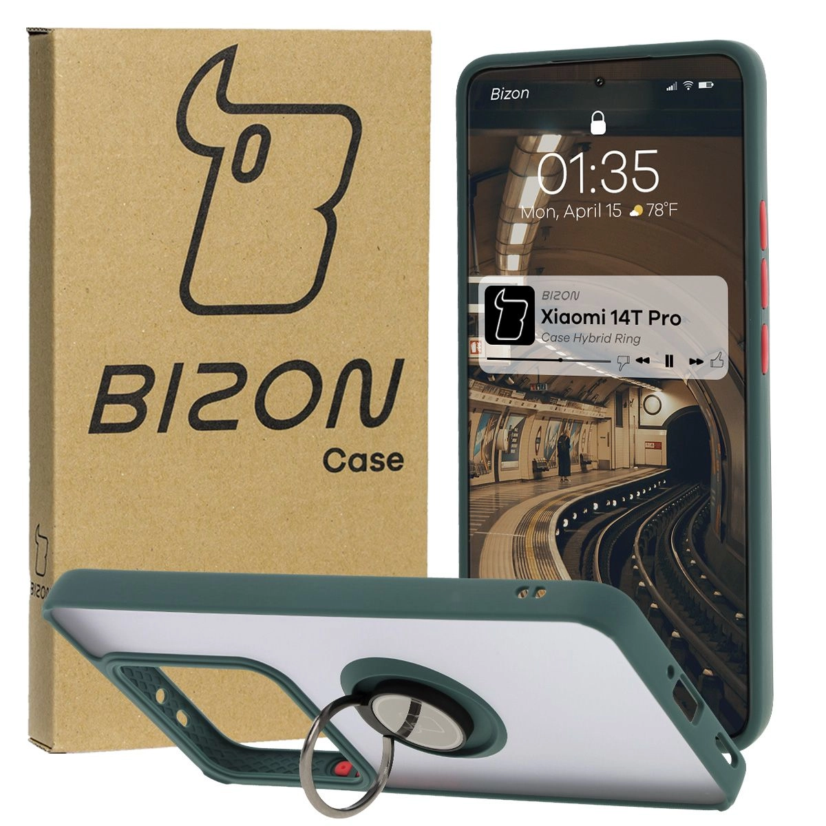 Bizon z uchwytem na palec Hybrid Ring do Xiaomi 14T Pro przydymione z Ciemnozieloną ramką