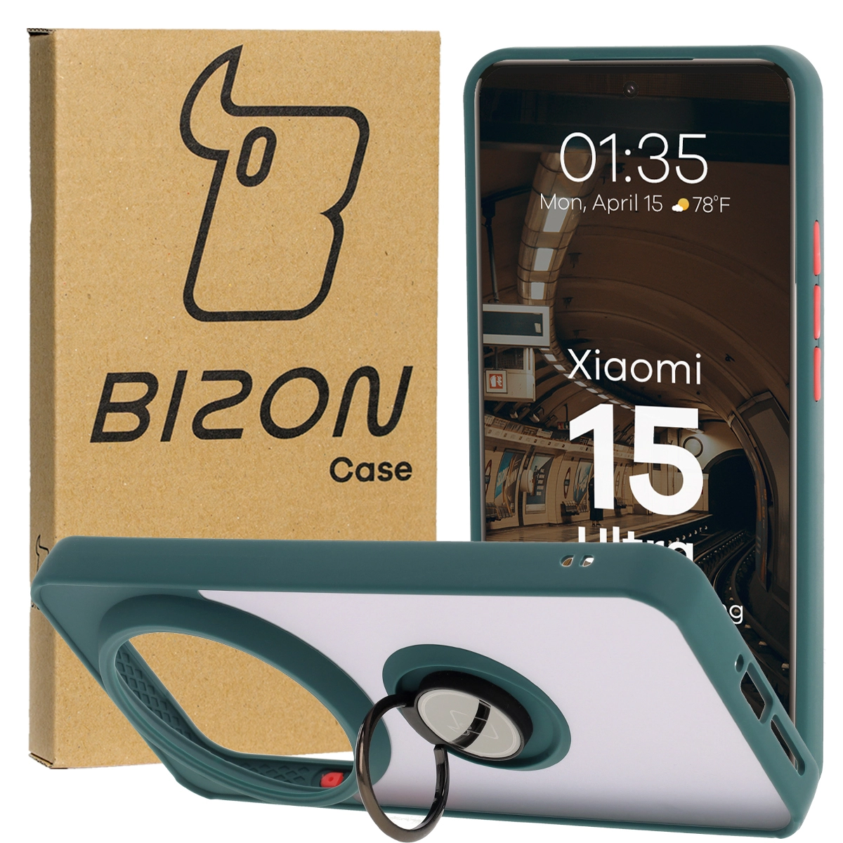 Bizon z uchwytem na palec Hybrid Ring do Xiaomi 15 Ultra przydymione z Ciemnozieloną ramką