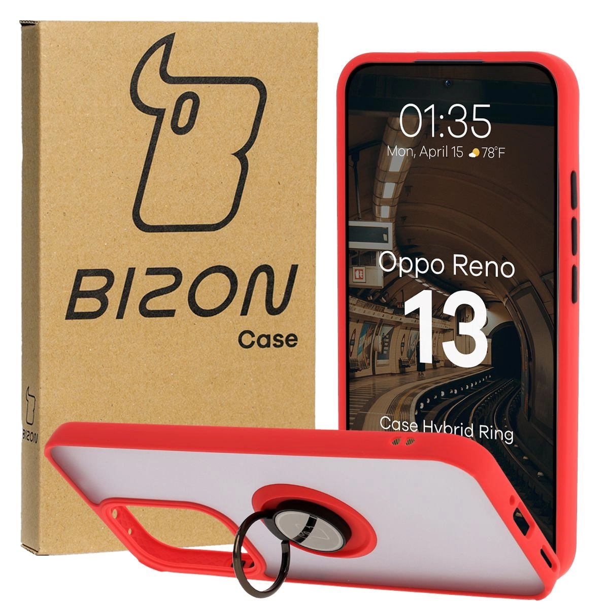 Bizon z uchwytem na palec Hybrid Ring do Oppo Reno13 przydymione z Czerwoną ramką