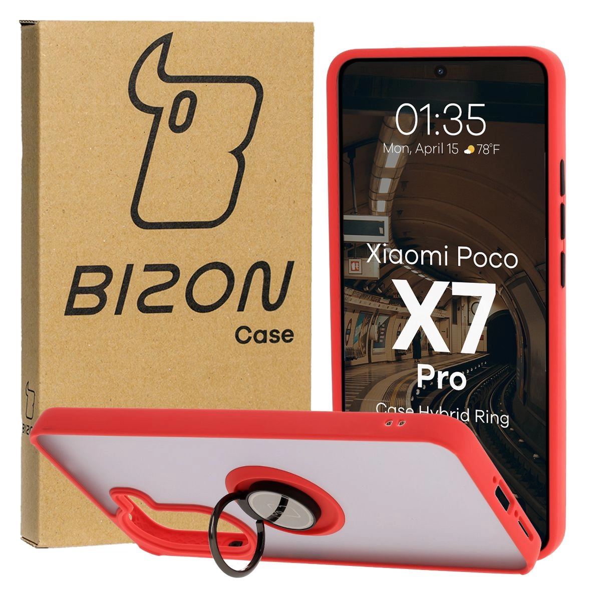 Bizon z uchwytem na palec Hybrid Ring do Xiaomi Poco X7 Pro przydymione z Czerwoną ramką
