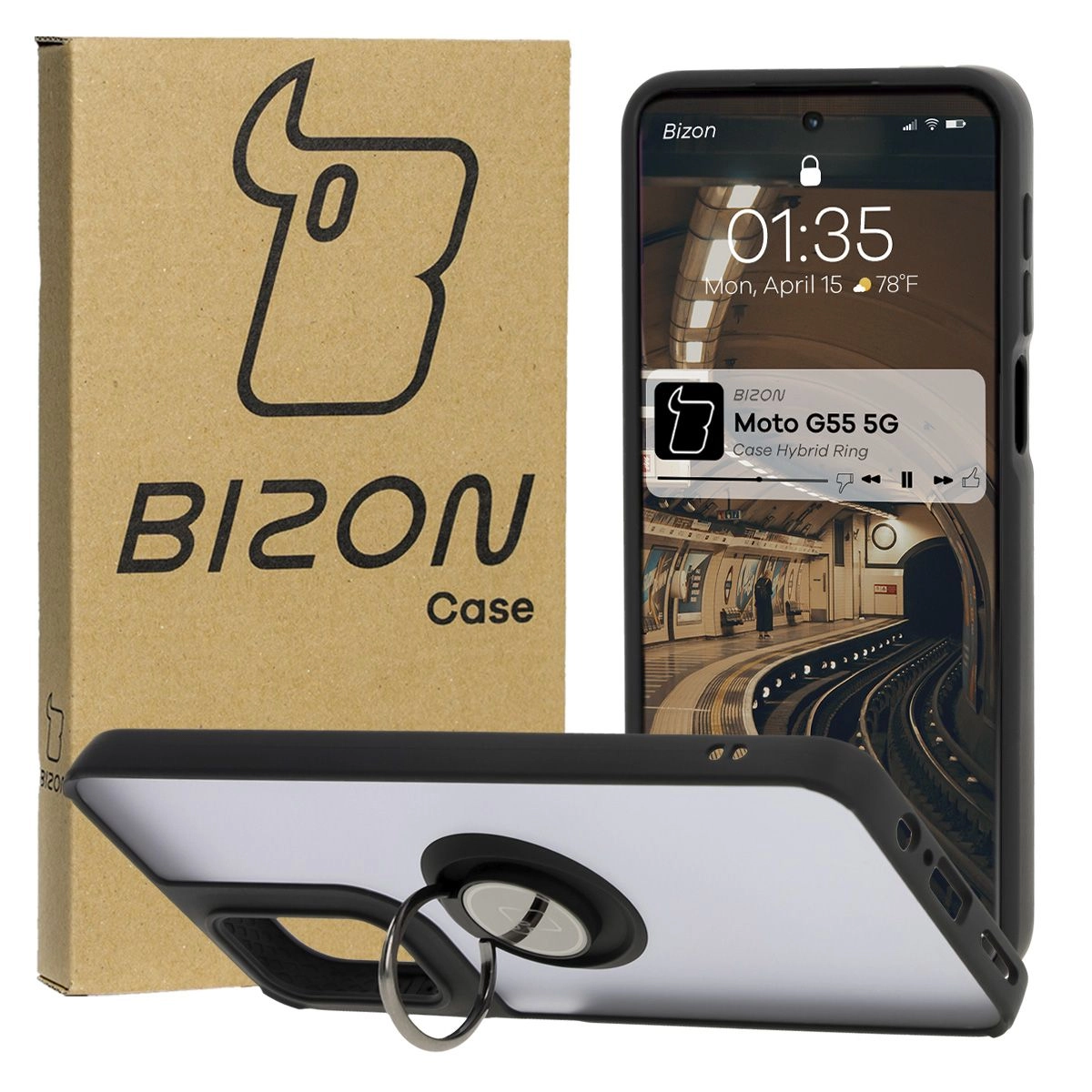 Bizon z uchwytem na palec Hybrid Ring do Motorola Moto G55 5G przydymione z Czarną ramką