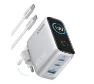 Anker 100W (B121BG41) 2x USB-C, 1x USB-A, Kolorowy wyświetlacz, Kabel w zestawie, Srebrny