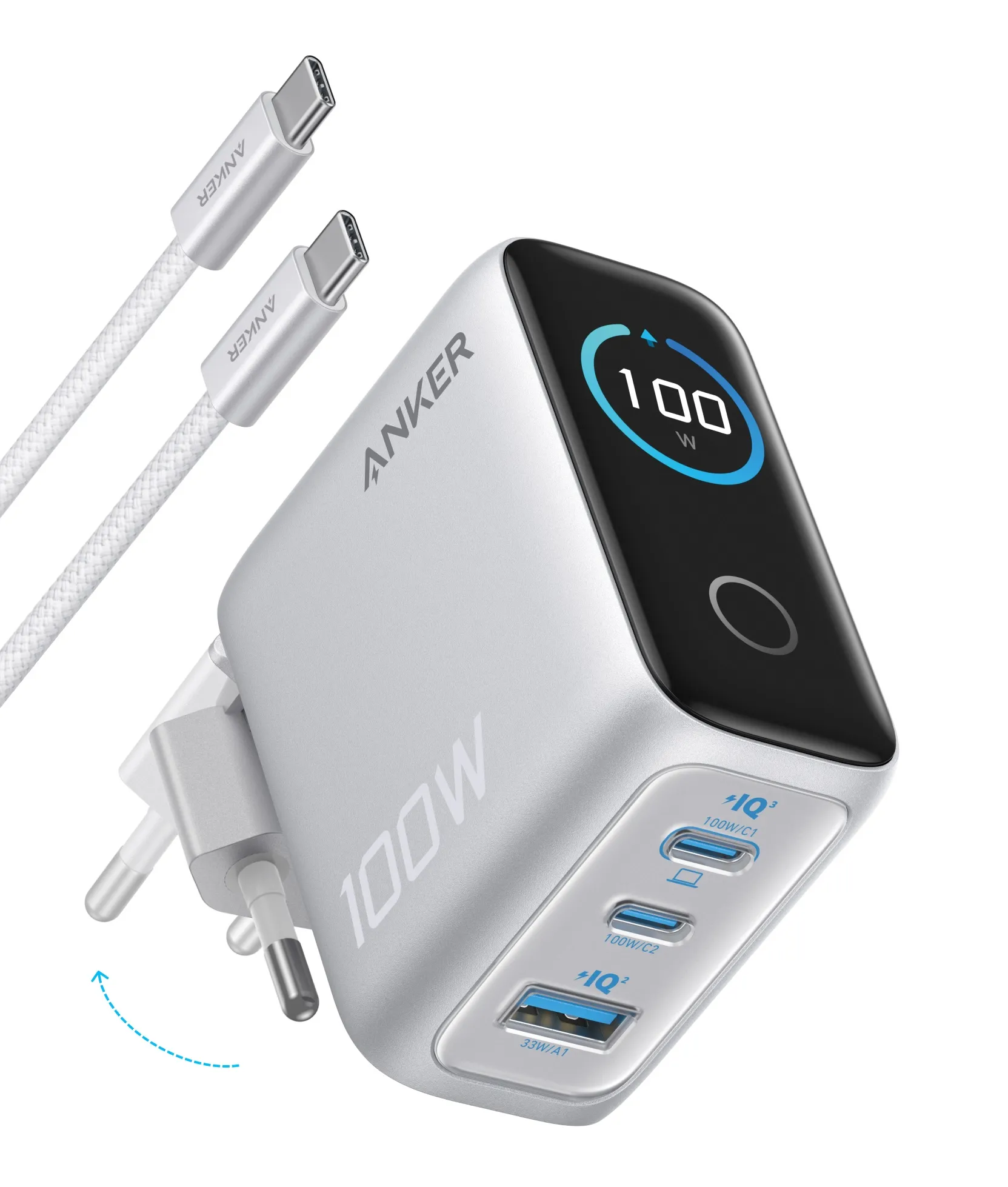 Anker 100W (B121BG41) 2x USB-C, 1x USB-A, Kolorowy wyświetlacz, Kabel w zestawie, Srebrny