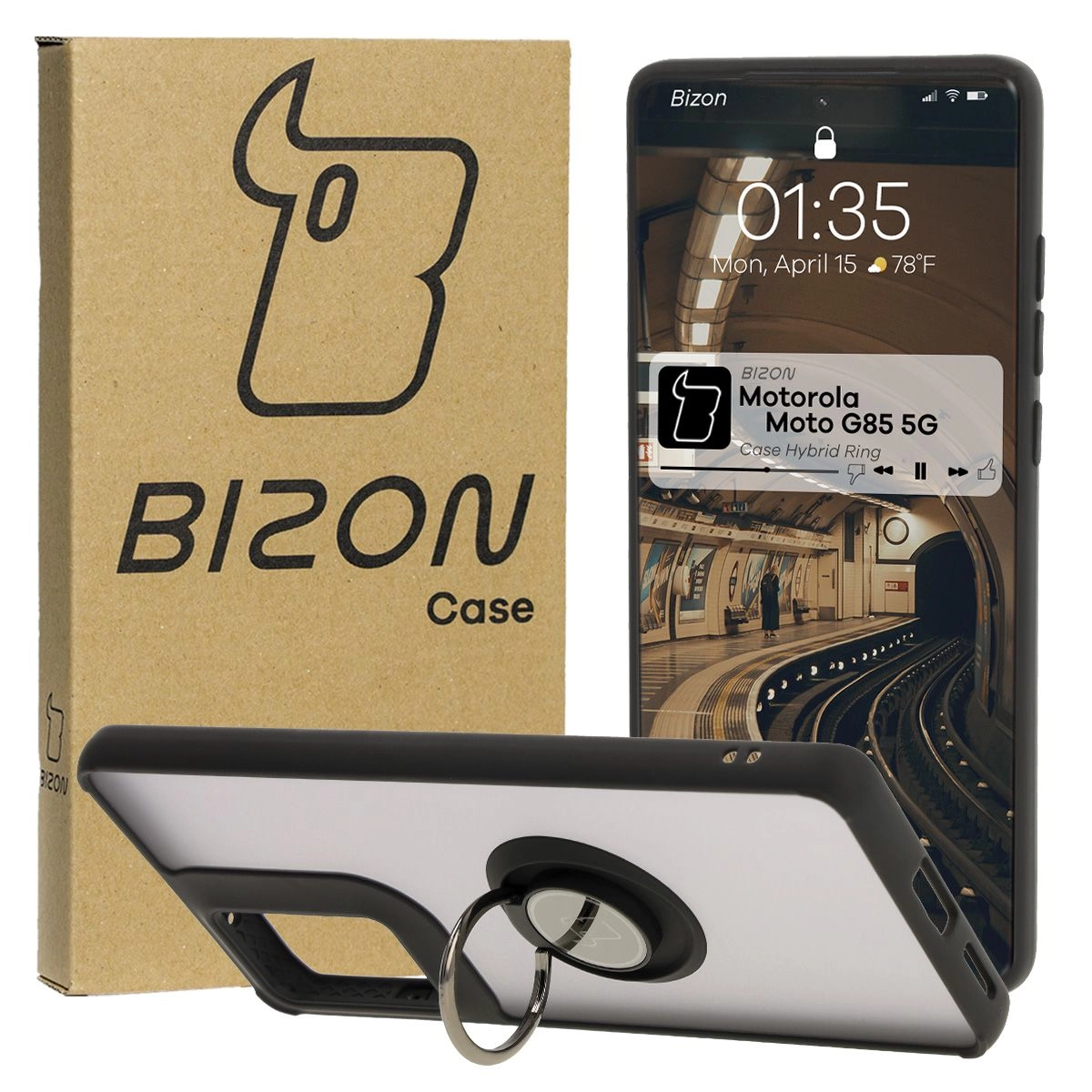 Bizon z uchwytem na palec Hybrid Ring do Motorola Moto G85 5G Przydymione z czarną ramką