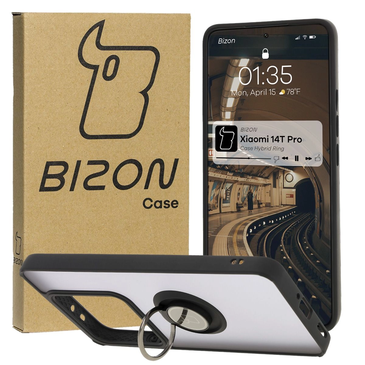 Bizon z uchwytem na palec Hybrid Ring do Xiaomi 14T Pro Przydymione z czarną ramką