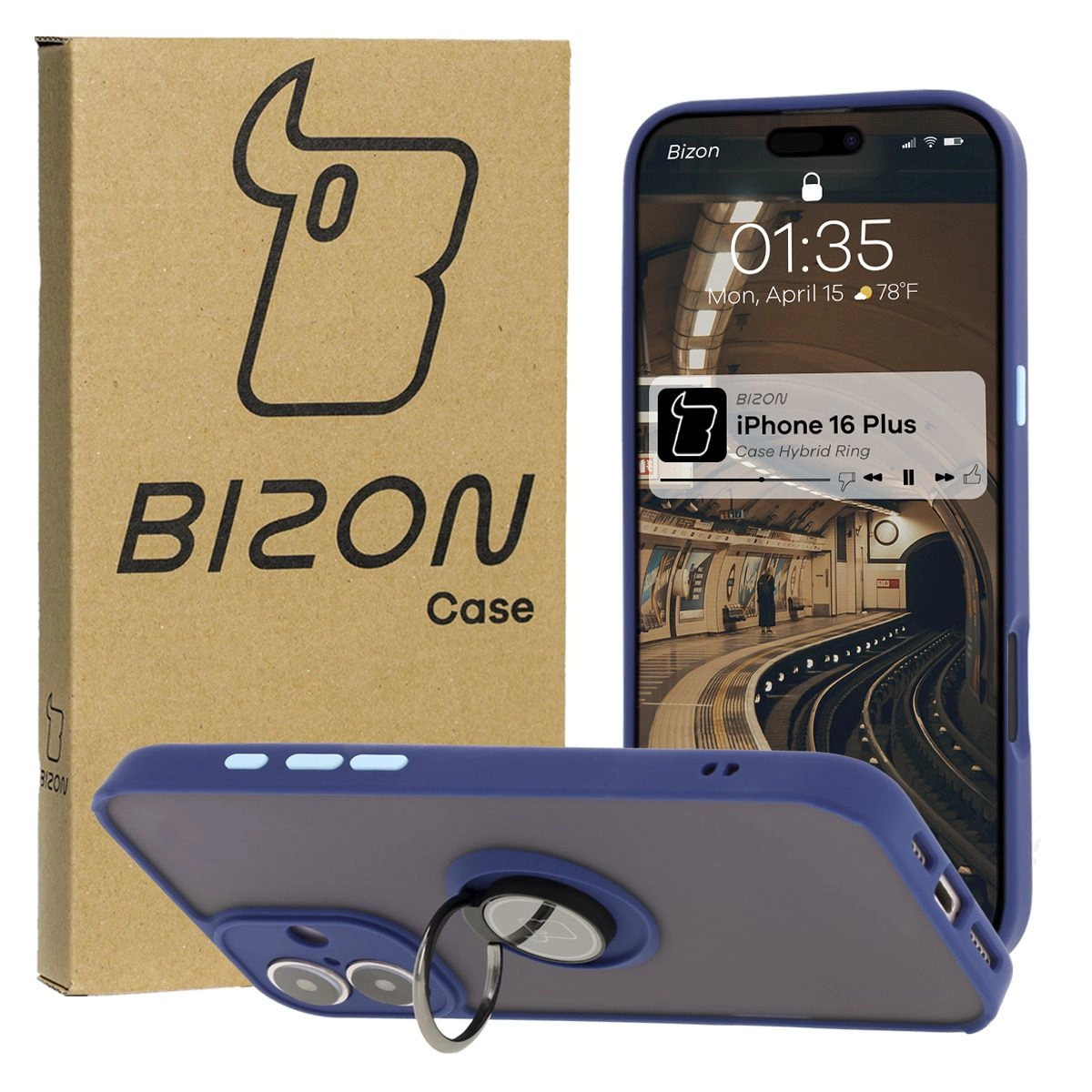 Bizon z uchwytem na palec Hybrid Ring do iPhone 16 Plus Przydymione z granatową ramką