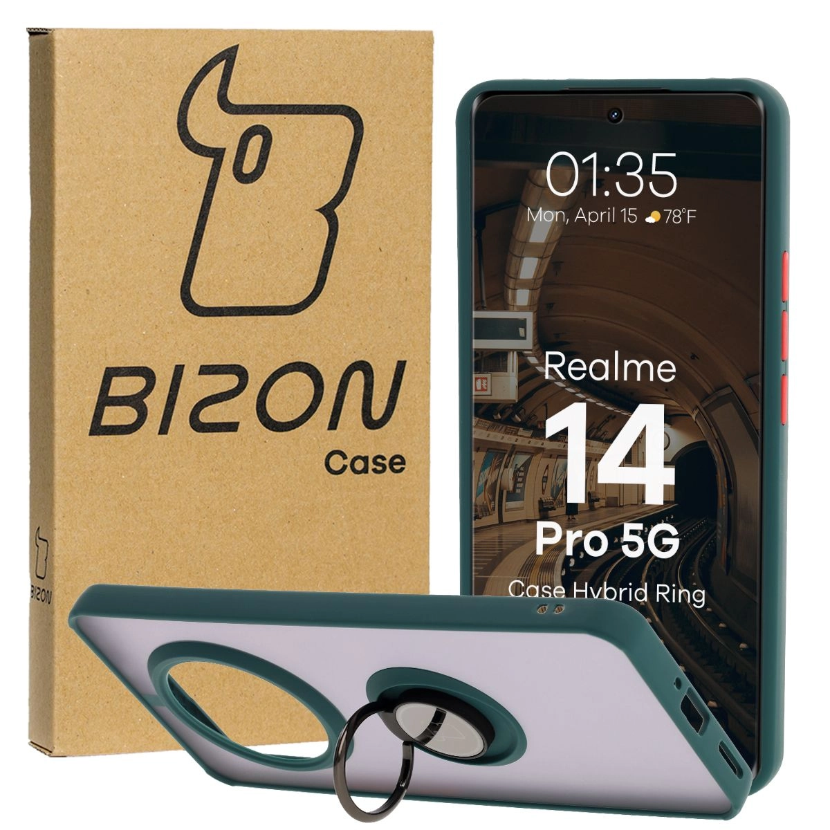Bizon z uchwytem na palec Hybrid Ring do Realme 14 Pro 5G przydymione z Ciemnozieloną ramką