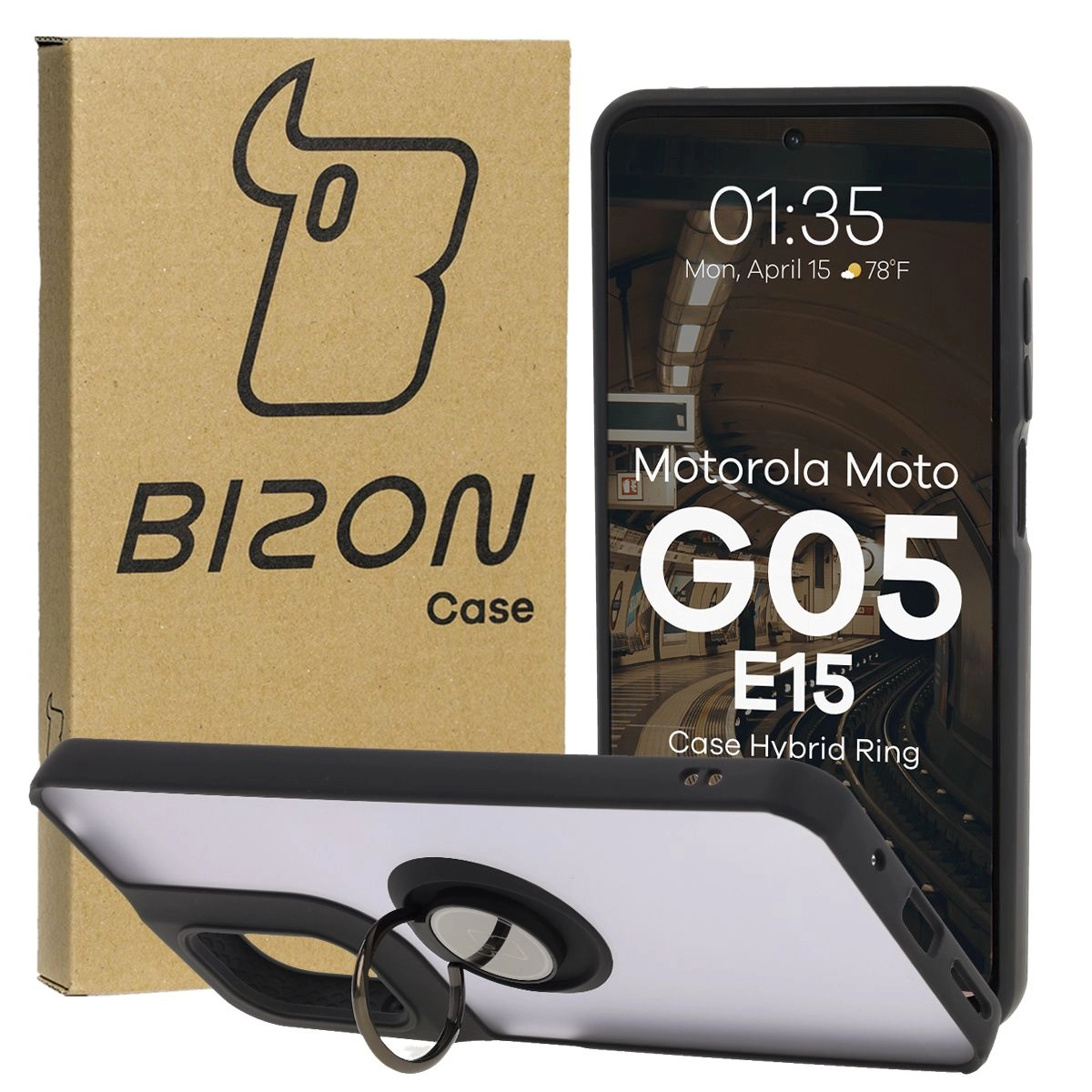 Bizon z uchwytem na palec Hybrid Ring do Motorola Moto G05/E15 przydymione z Czarną ramką