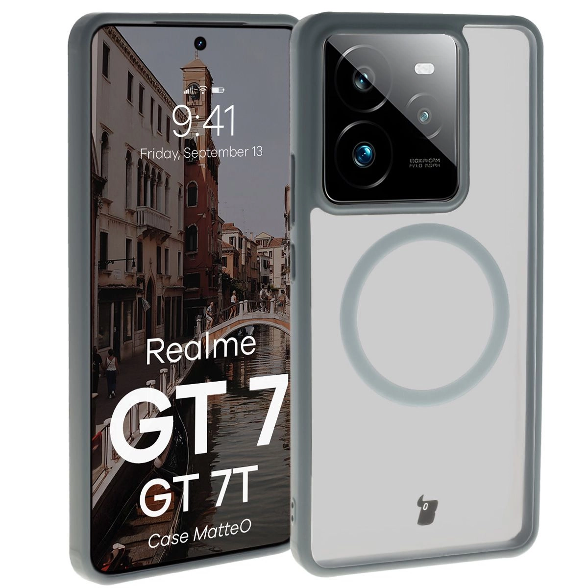 Bizon MatteO z MagSafe do Realme GT 7 / Realme GT 7T Półprzezroczyste z szarą ramką